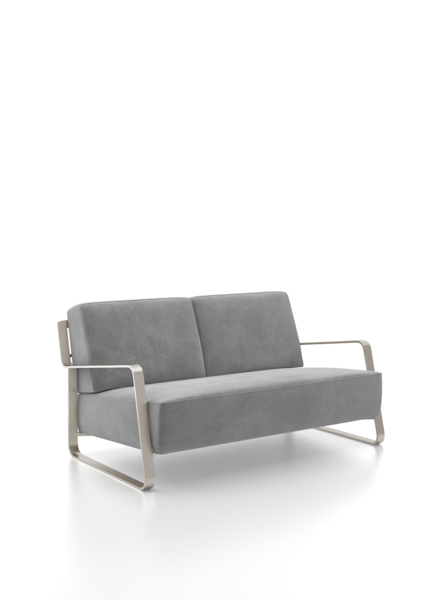 Gray fabric sofa with metal frame on white background