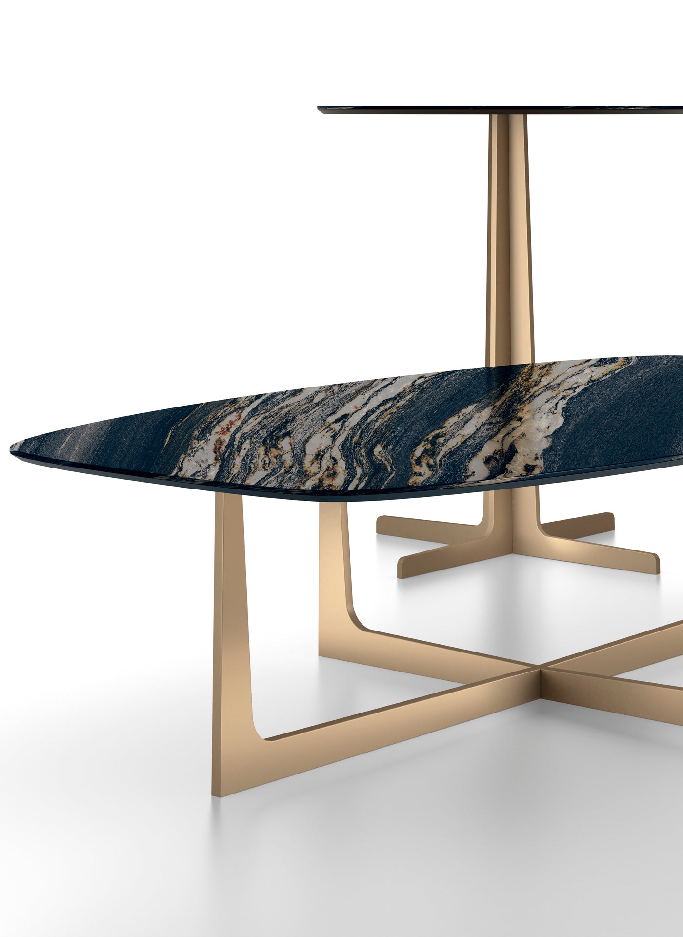 Close up view of two tiered marble and metal tables