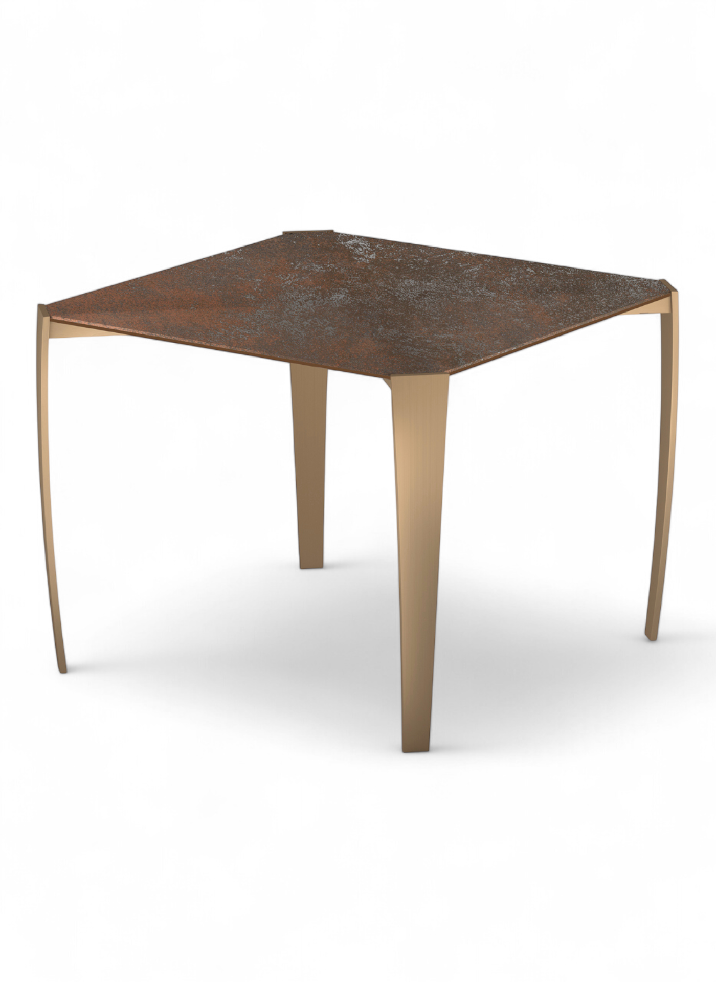 Square table with rusted top and light brown legs on white background