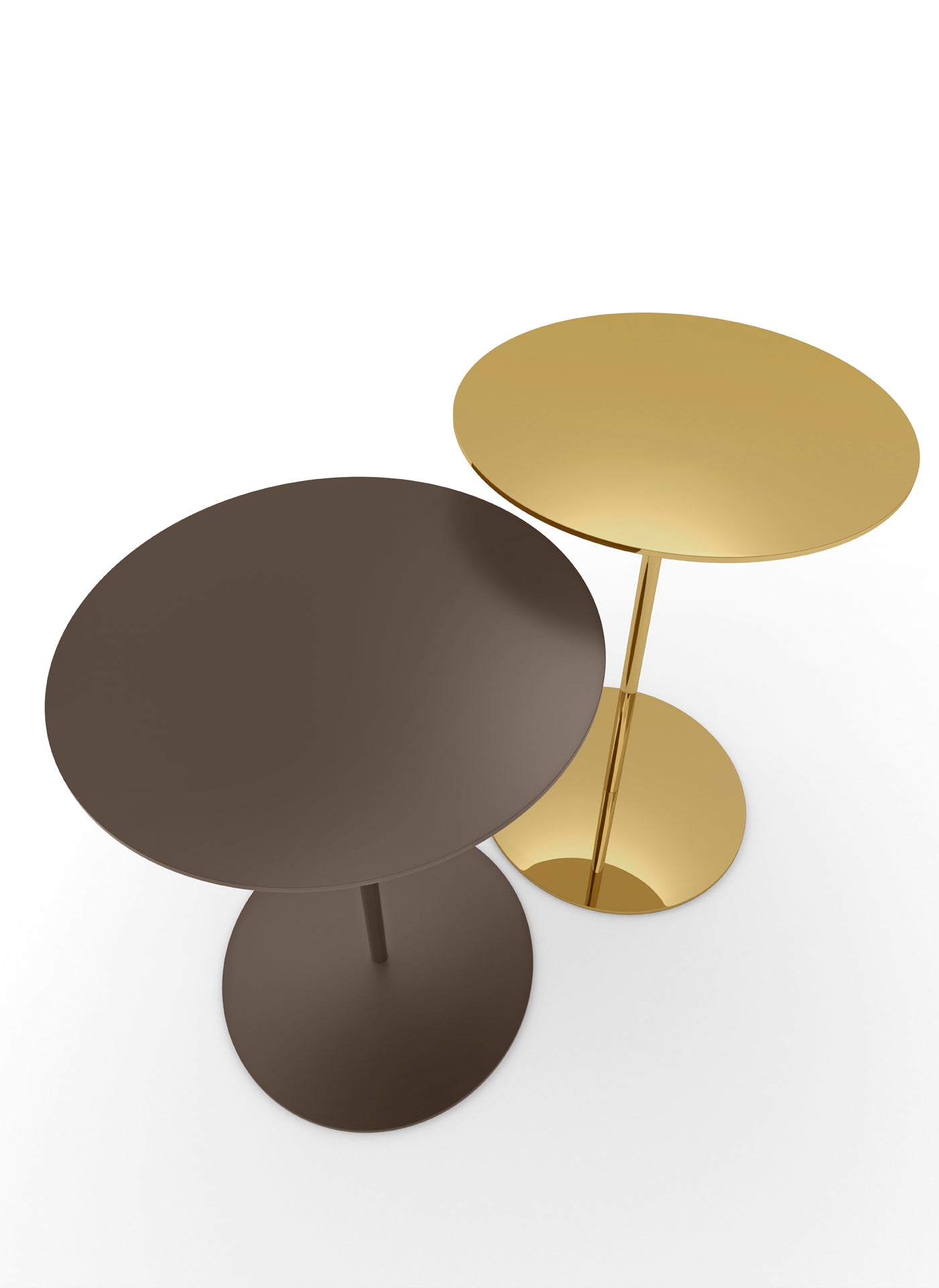 Studio shot of two round side tables, brown and gold finish.