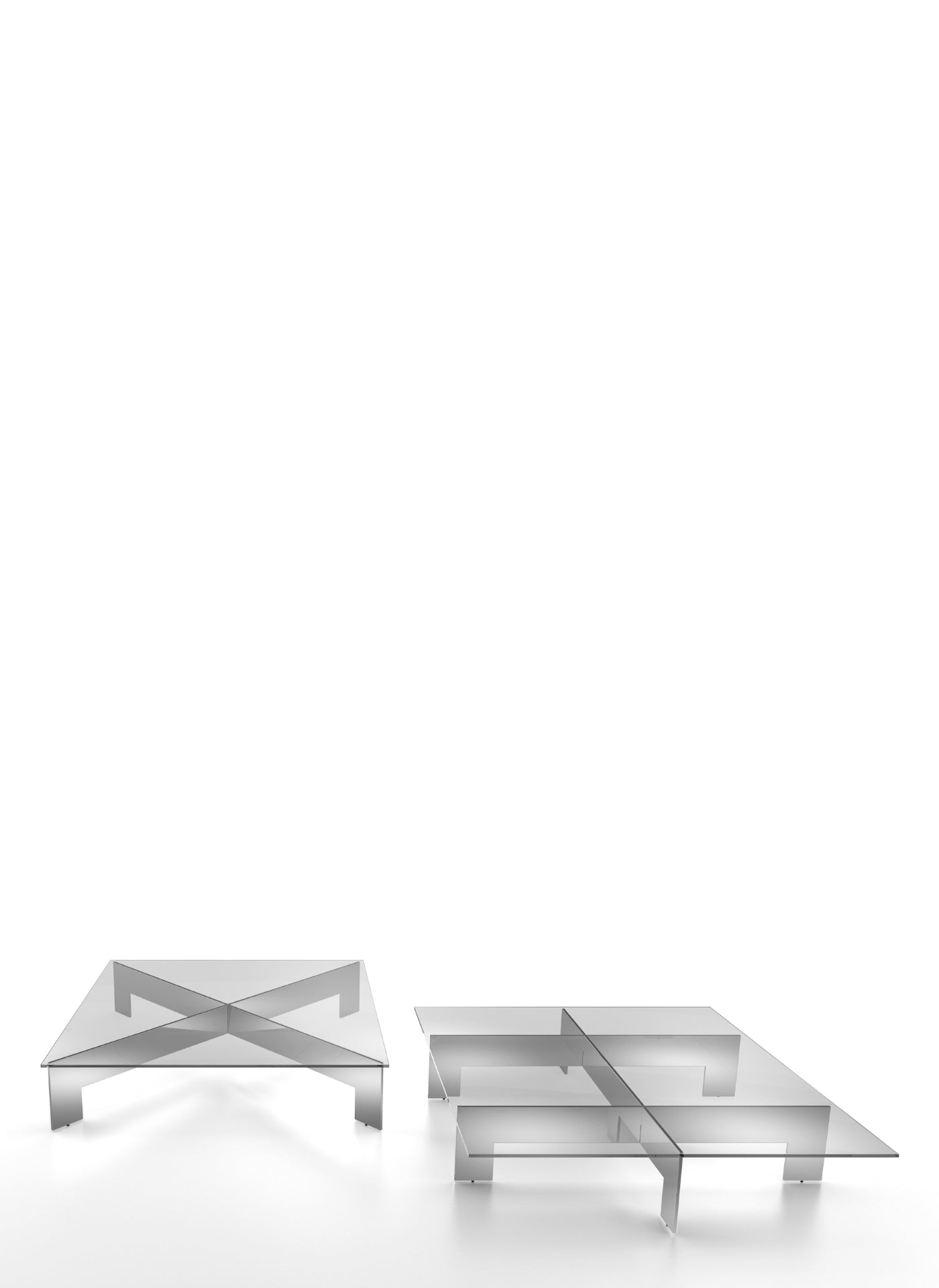 View of two square glass coffee tables on white background. glass coffee table, modern furniture, clear glass table, square coffee table, contemporary design, glass furniture, living room table, minimalist table, low coffee table, transparent table, glass top table, metal base table