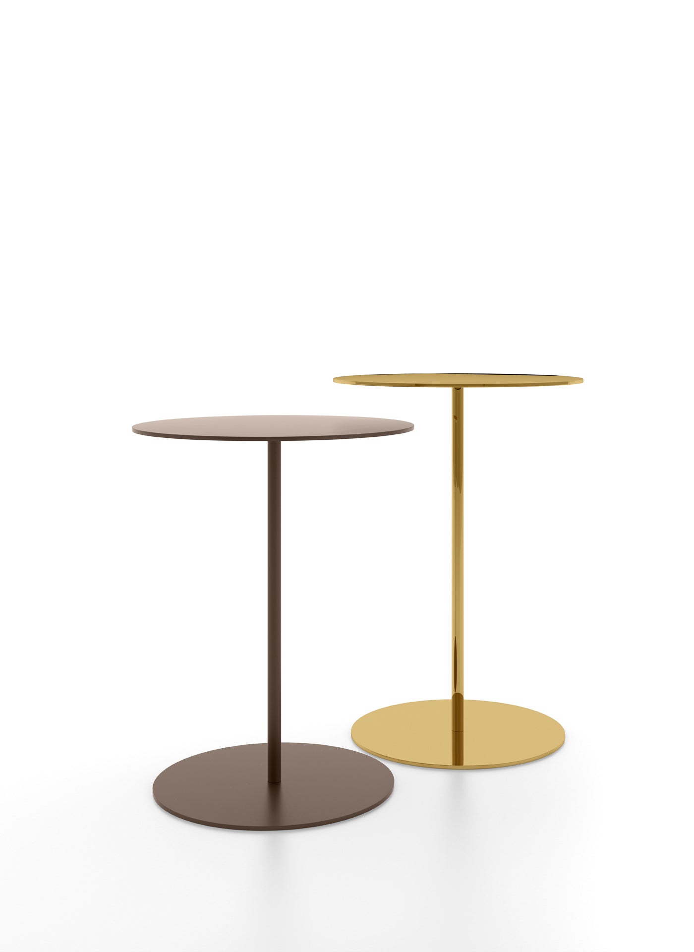 Studio shot of two round metal side tables, brown and gold finish, white background.