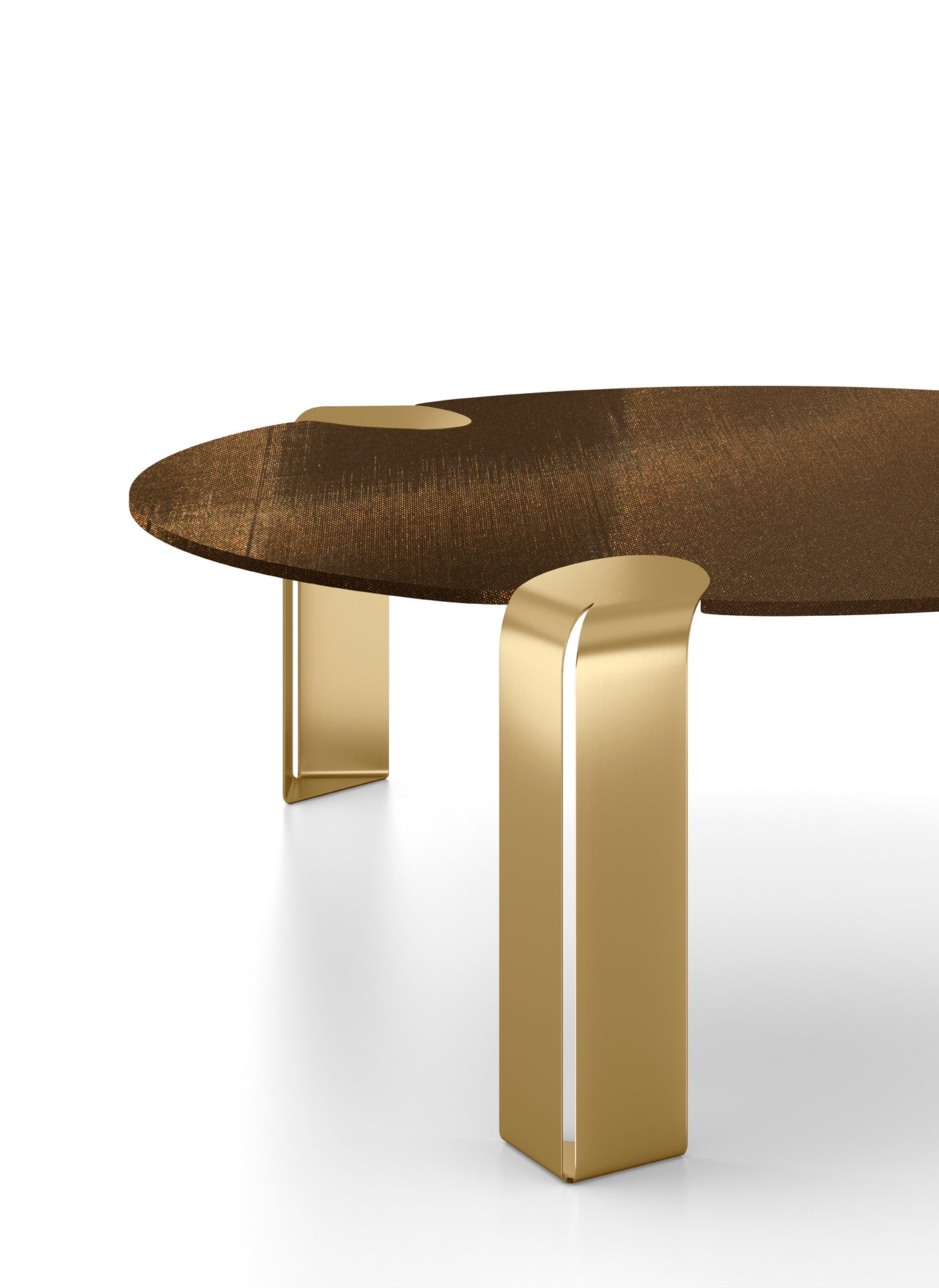 Studio shot of round brown table with gold metal legs