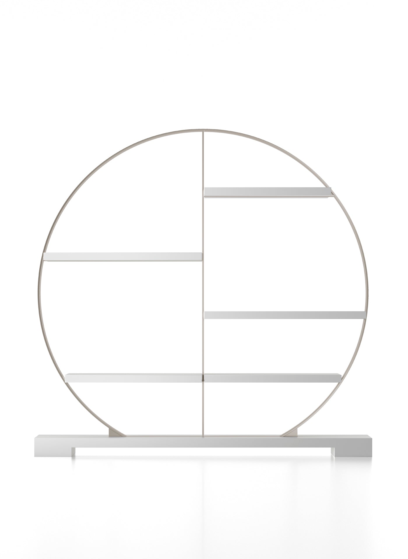 Round metal frame shelving unit with white shelves