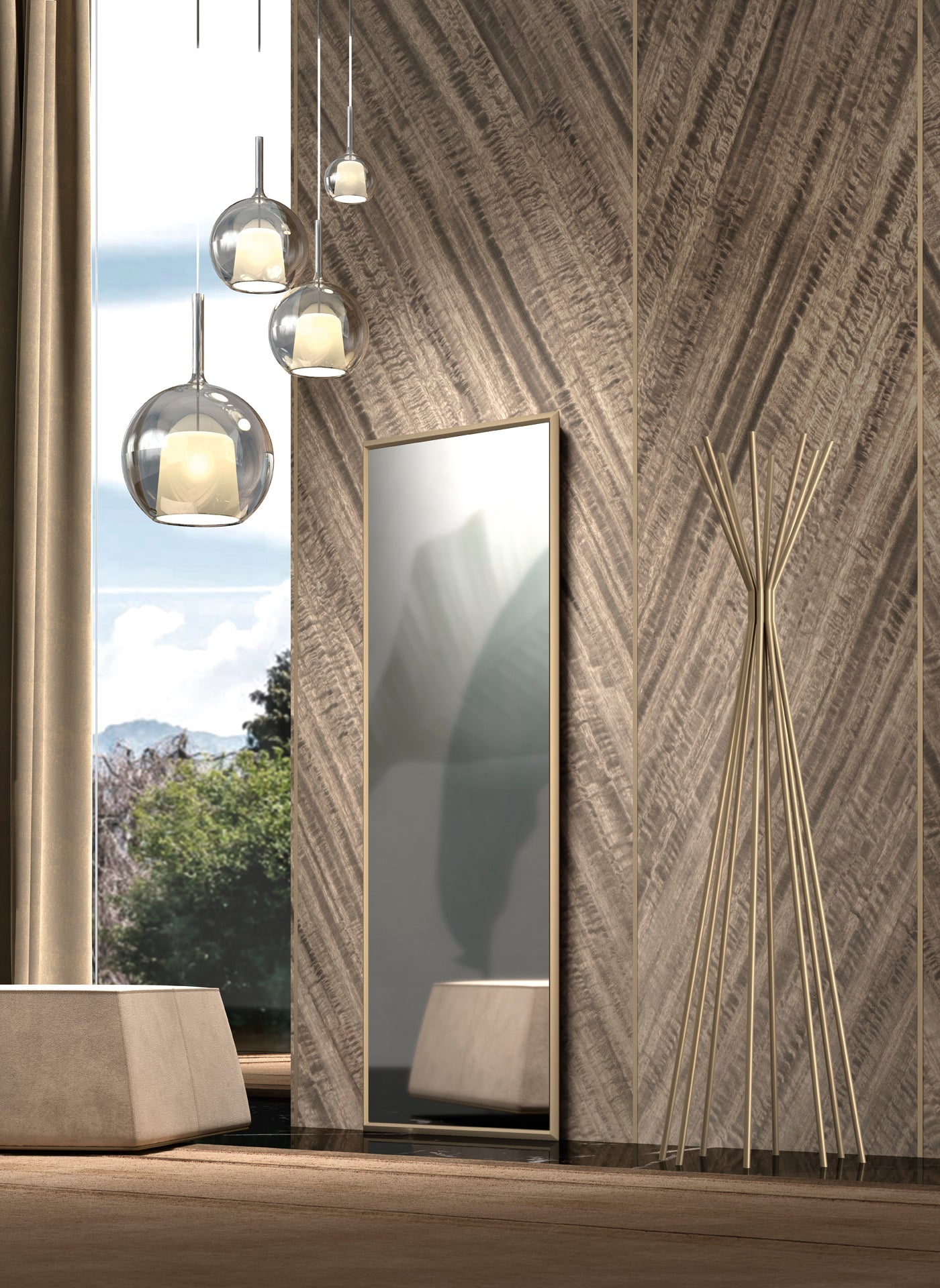 Interior view with floor mirror, gold coat rack, glass pendant lighting, wood paneling.