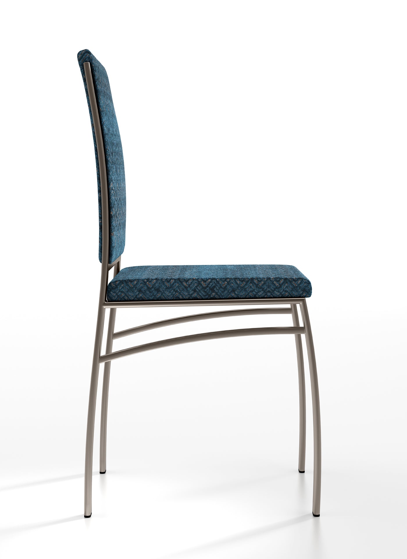 Side view blue patterned fabric dining chair metal frame