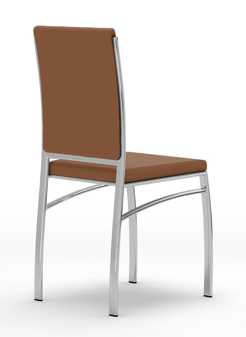 View of modern dining chair with brown upholstery and chrome frame on white background.