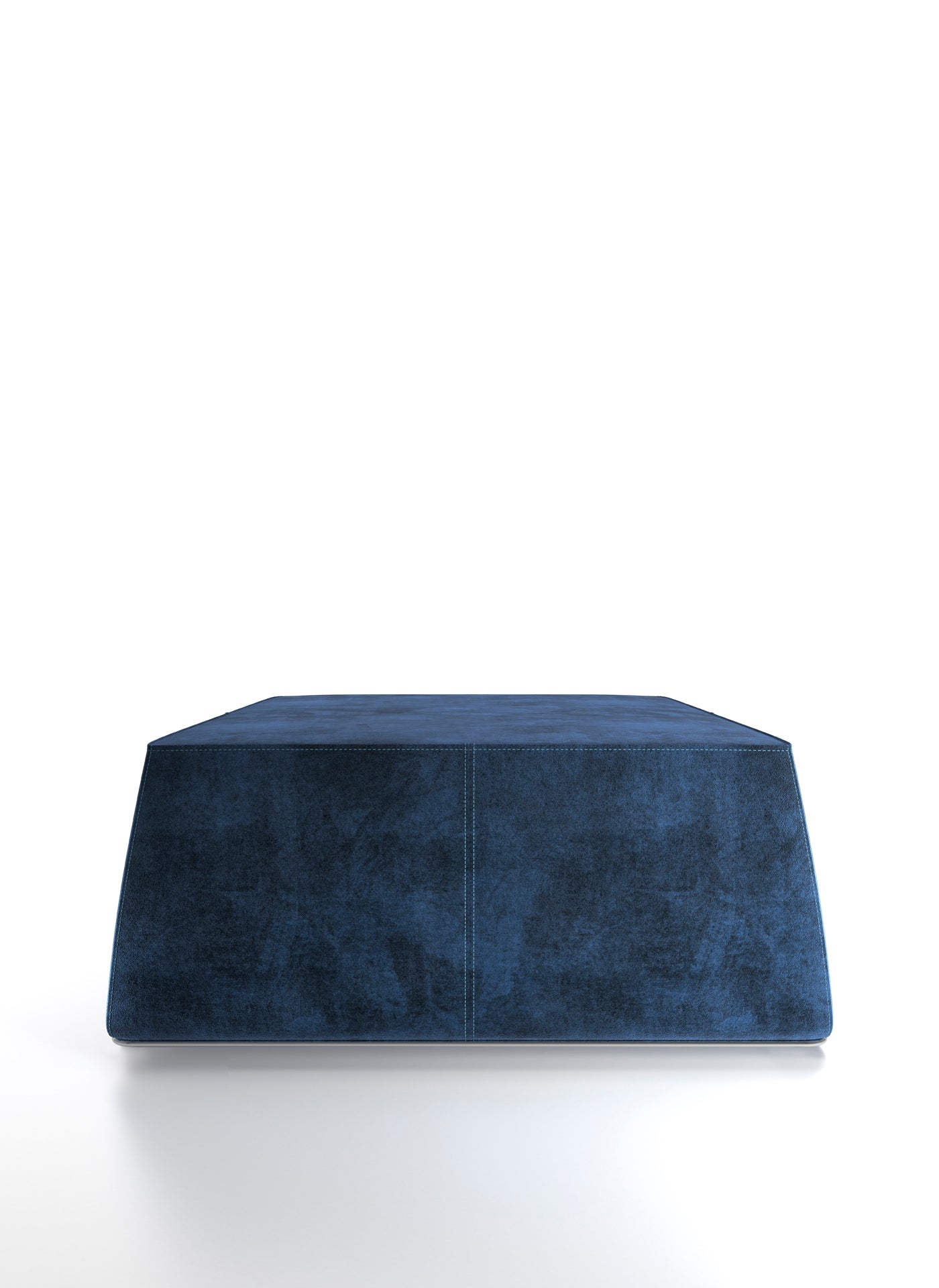 Front view of blue velvet upholstered ottoman on white background