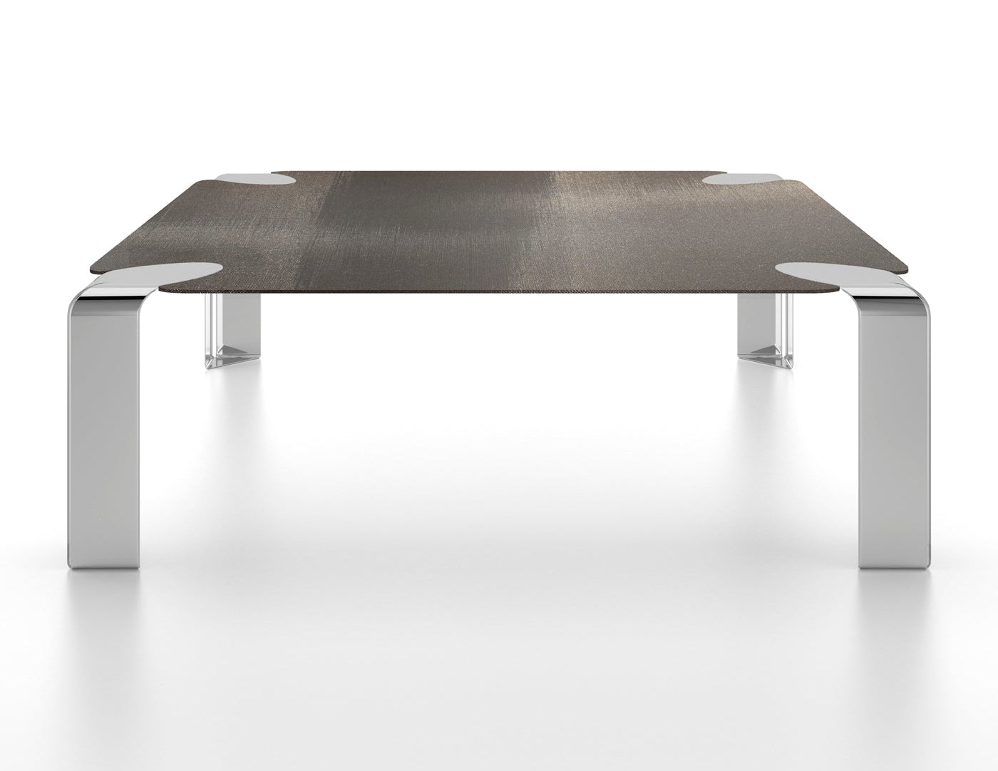 Low rectangular coffee table with dark top and silver legs
