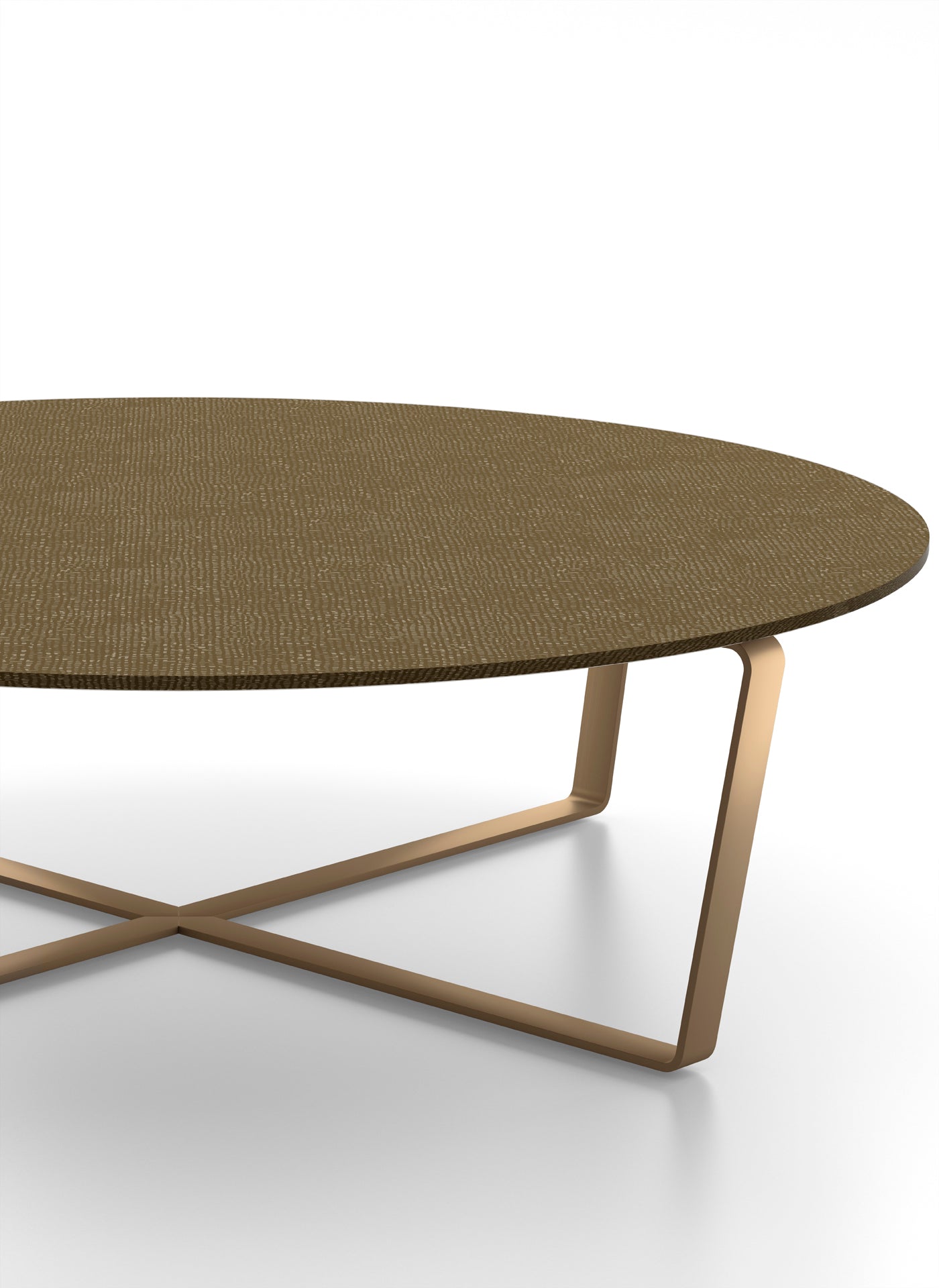 Close up view of round coffee table with textured brown top and metal base.