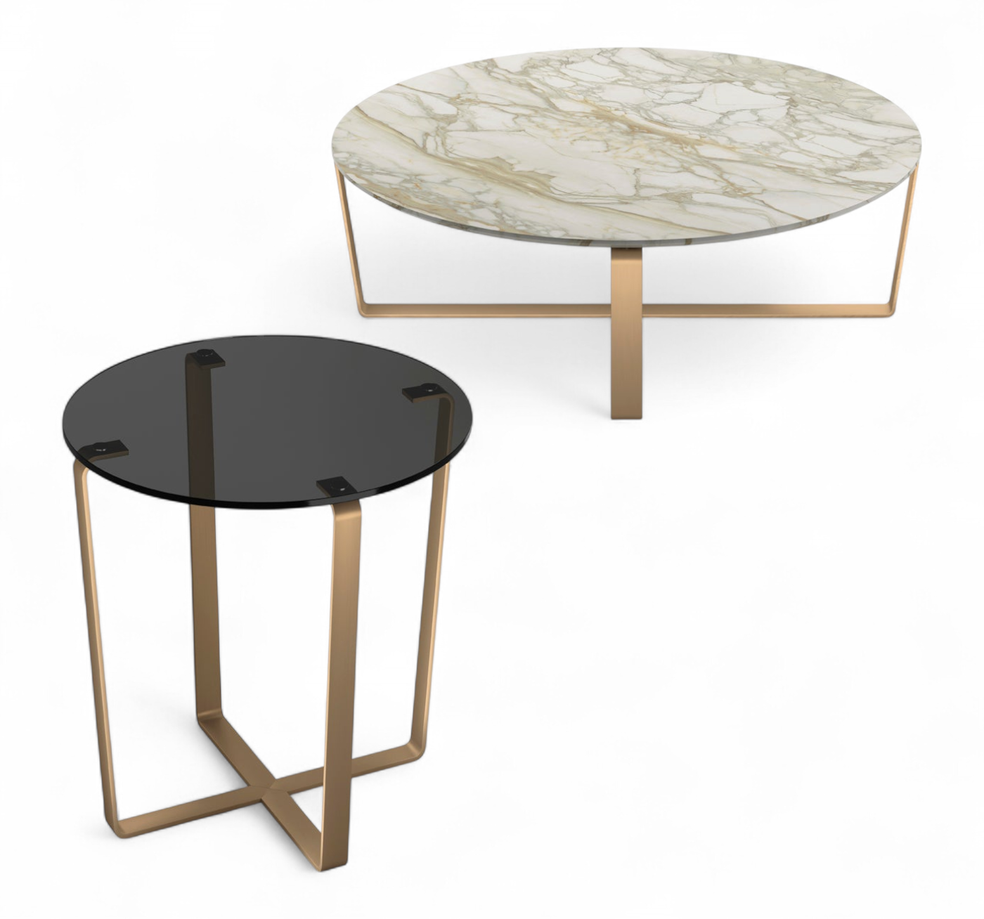 Sushi Accent Coffee Tabes Two round tables, glass and marble tops, metal bases