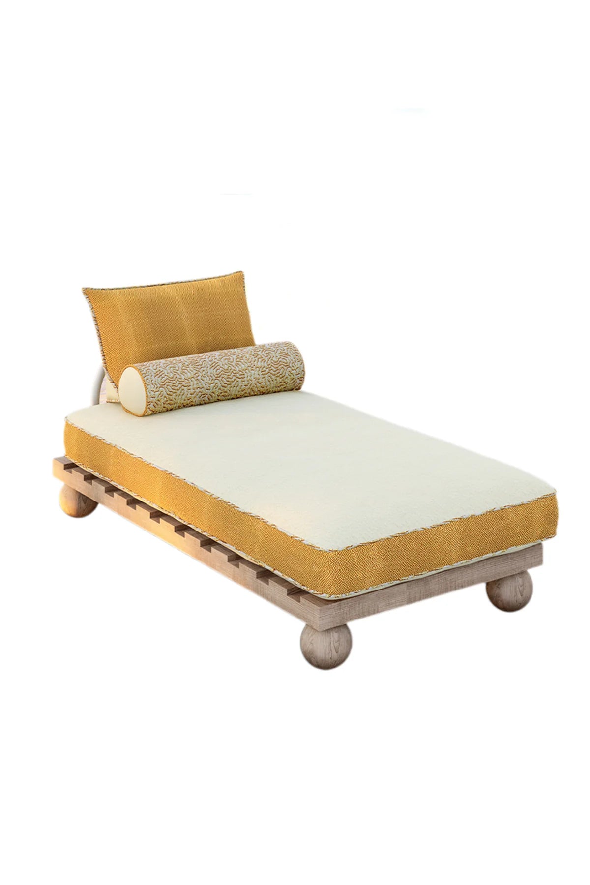 Natural-wood outdoor daybed with orange cushions and cylindrical pillow beside a pool.