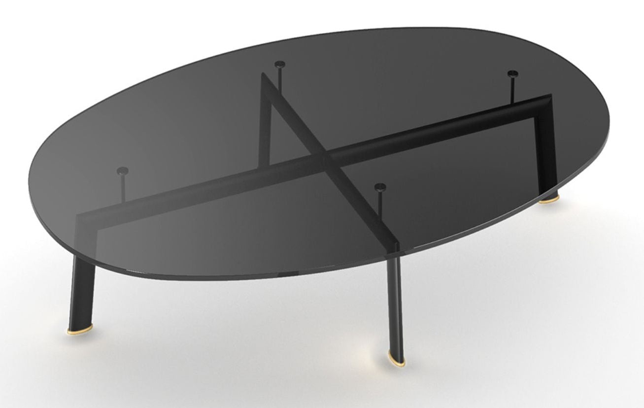View of oval black glass coffee table with black metal base.