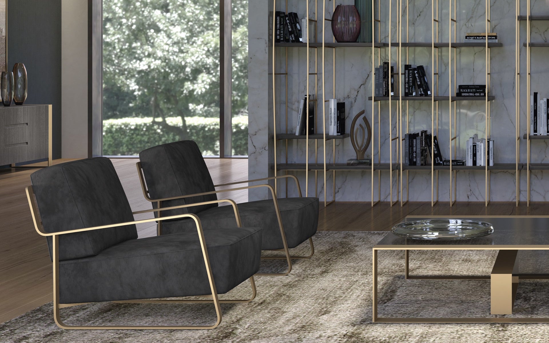Living room with two black armchairs, coffee table, gold shelving unit, rug.