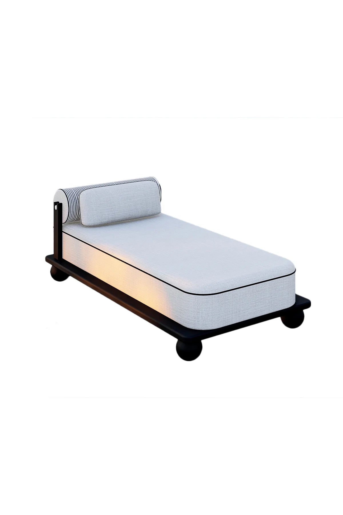 Black-finished iroko wood sun lounger with light outdoor cushions beside a pool.