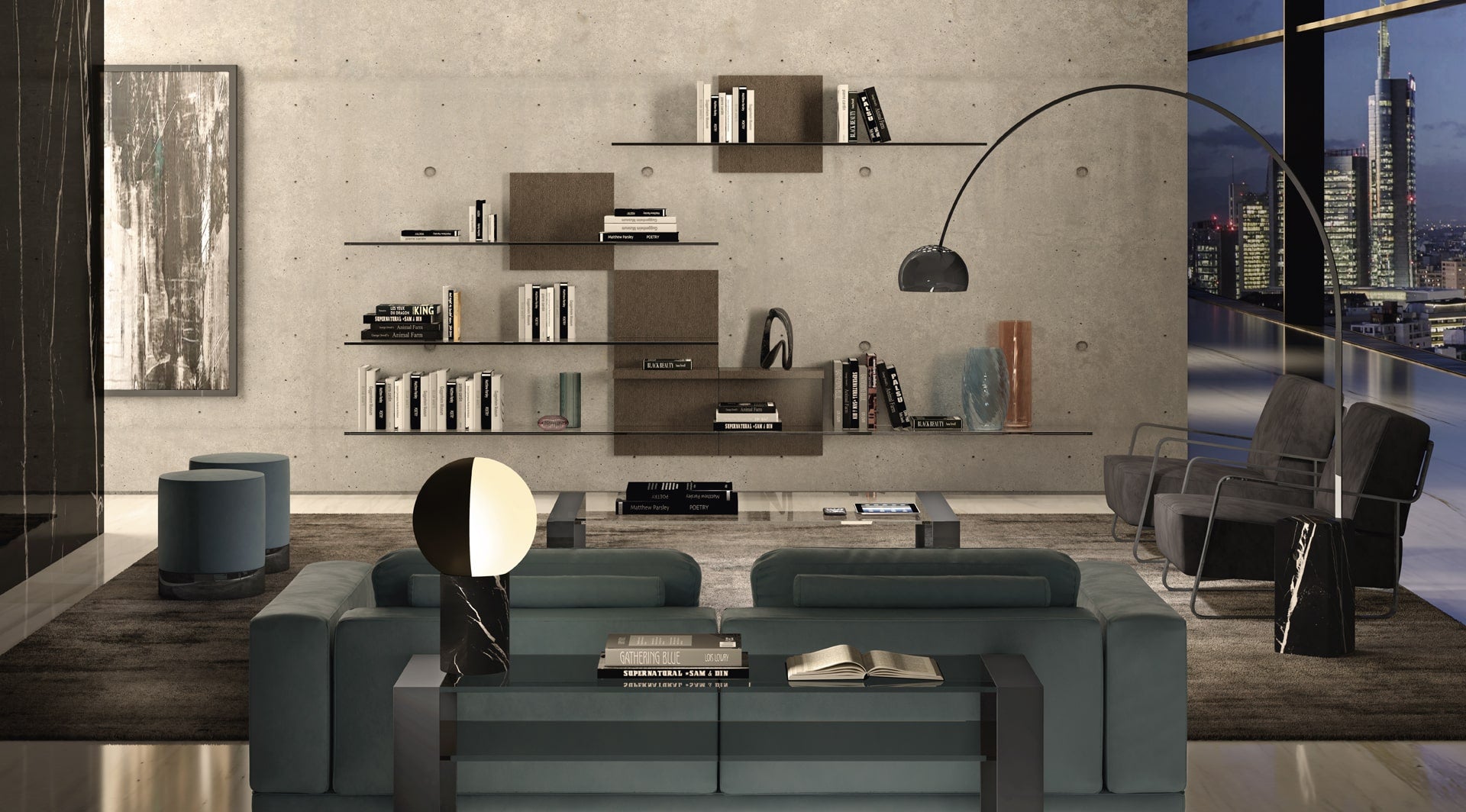 View of modern living room with glass shelving and arc lighting