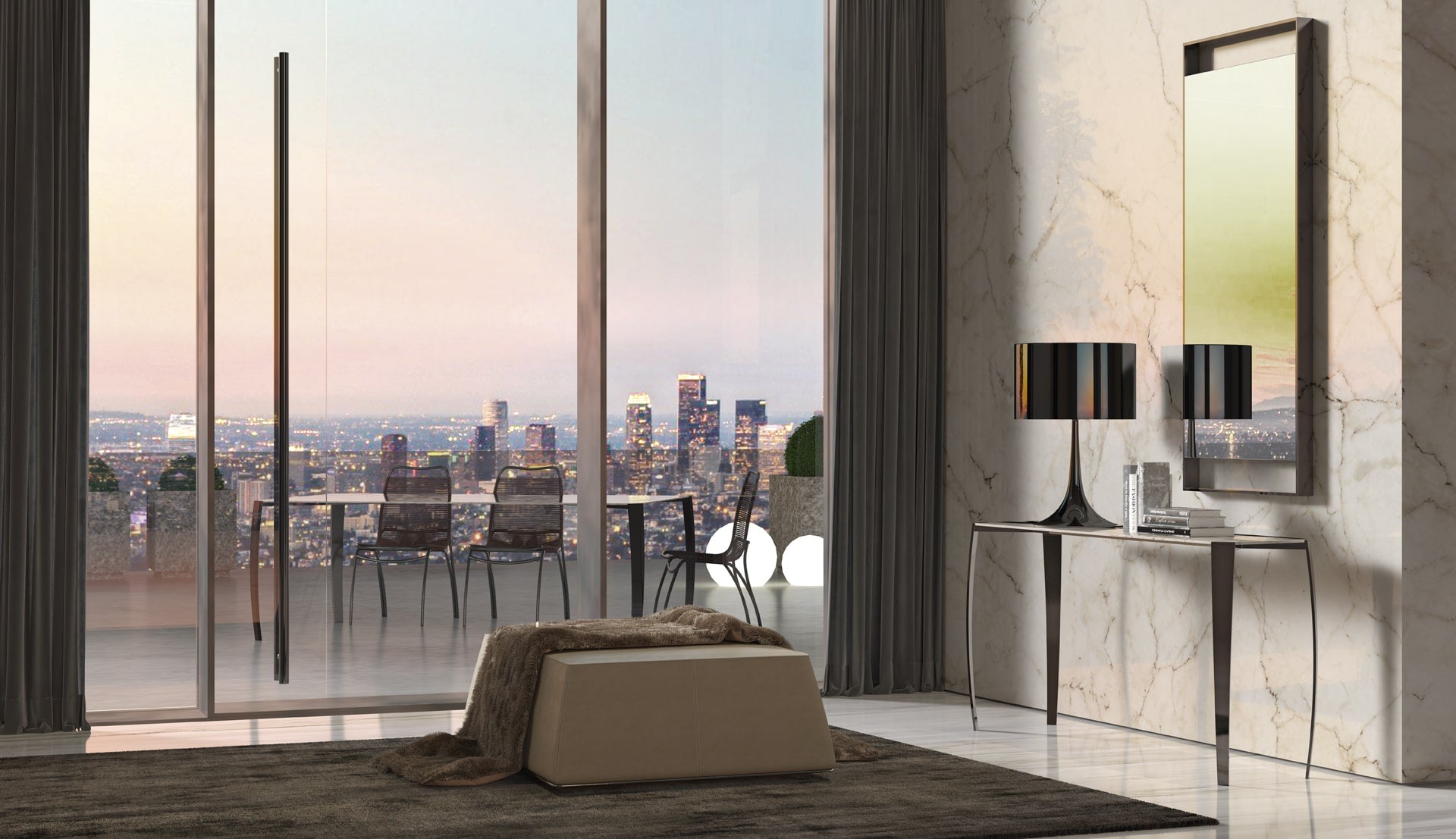 Luxury penthouse interior with modern console table and city view.