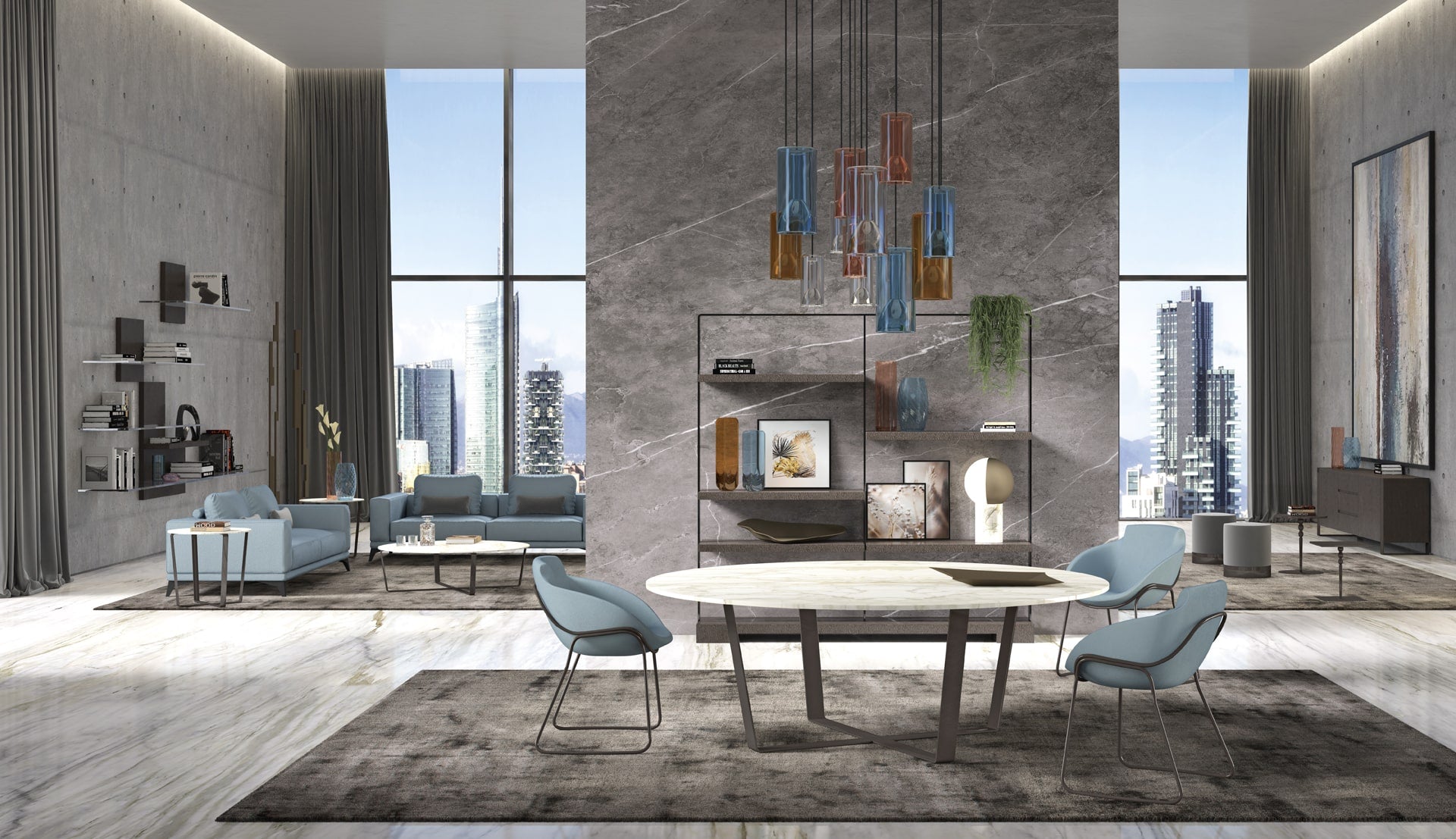 Modern living room interior with dining table, chairs, sofas, shelving, and lighting