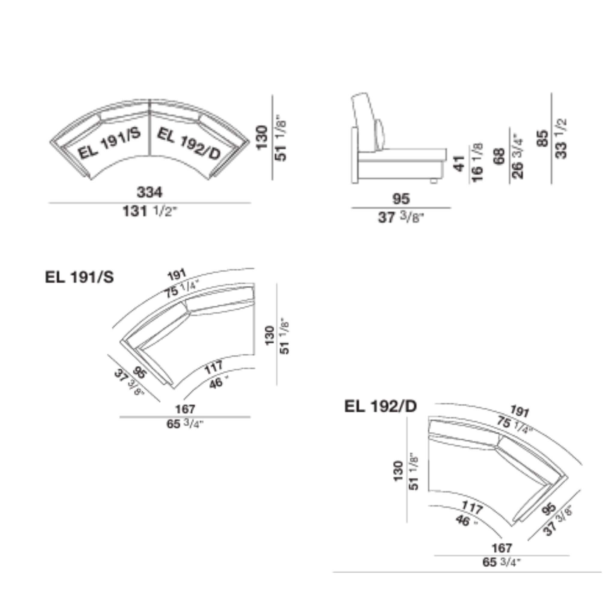 Technical drawing curved sectional sofa dimensions plan elevation views