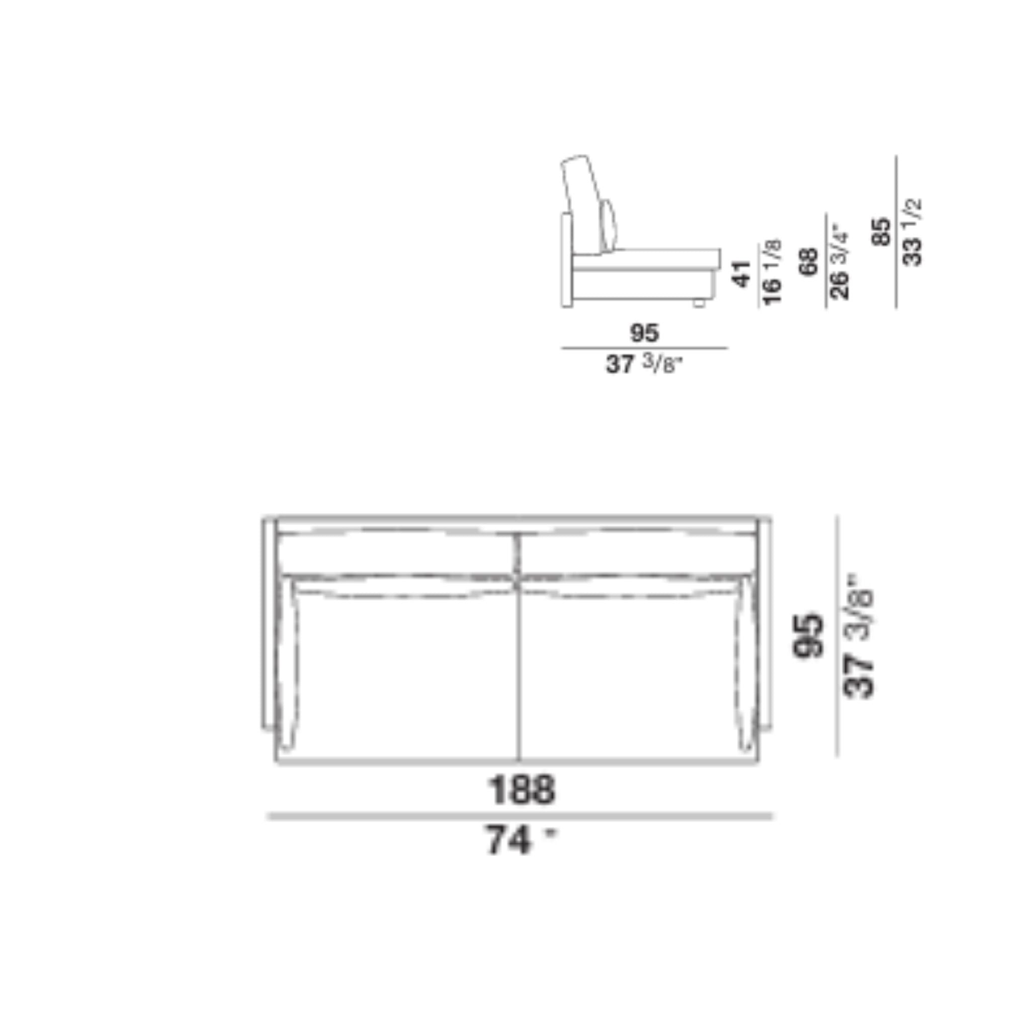 Technical drawing of sofa with dimensions and measurements