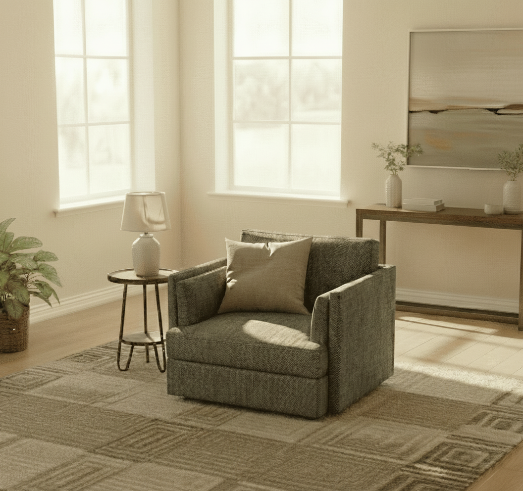 Gray Shan armchair in a living room with a rug, side table, and TV.