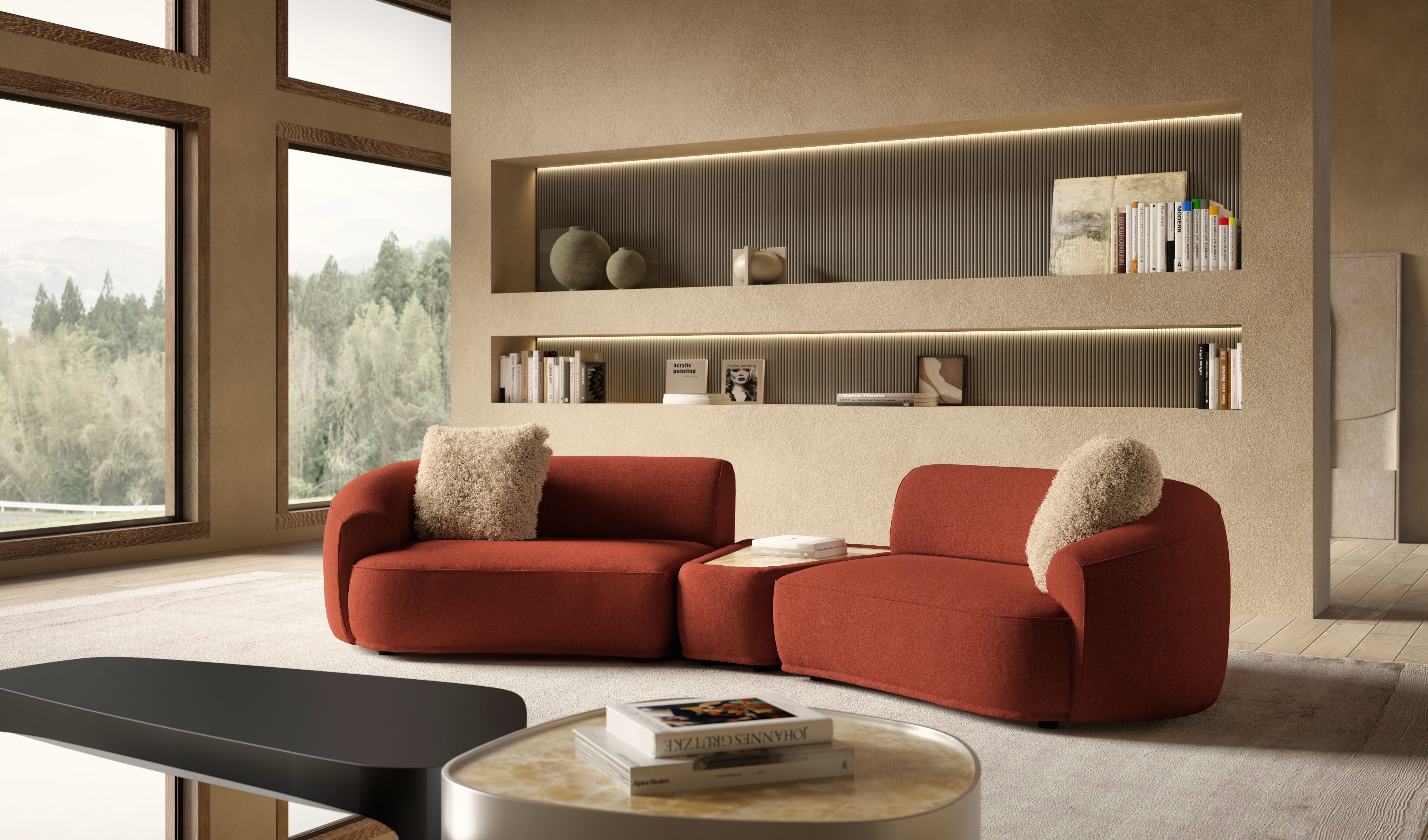 Modern terracotta modular sofa overlooks nature view.