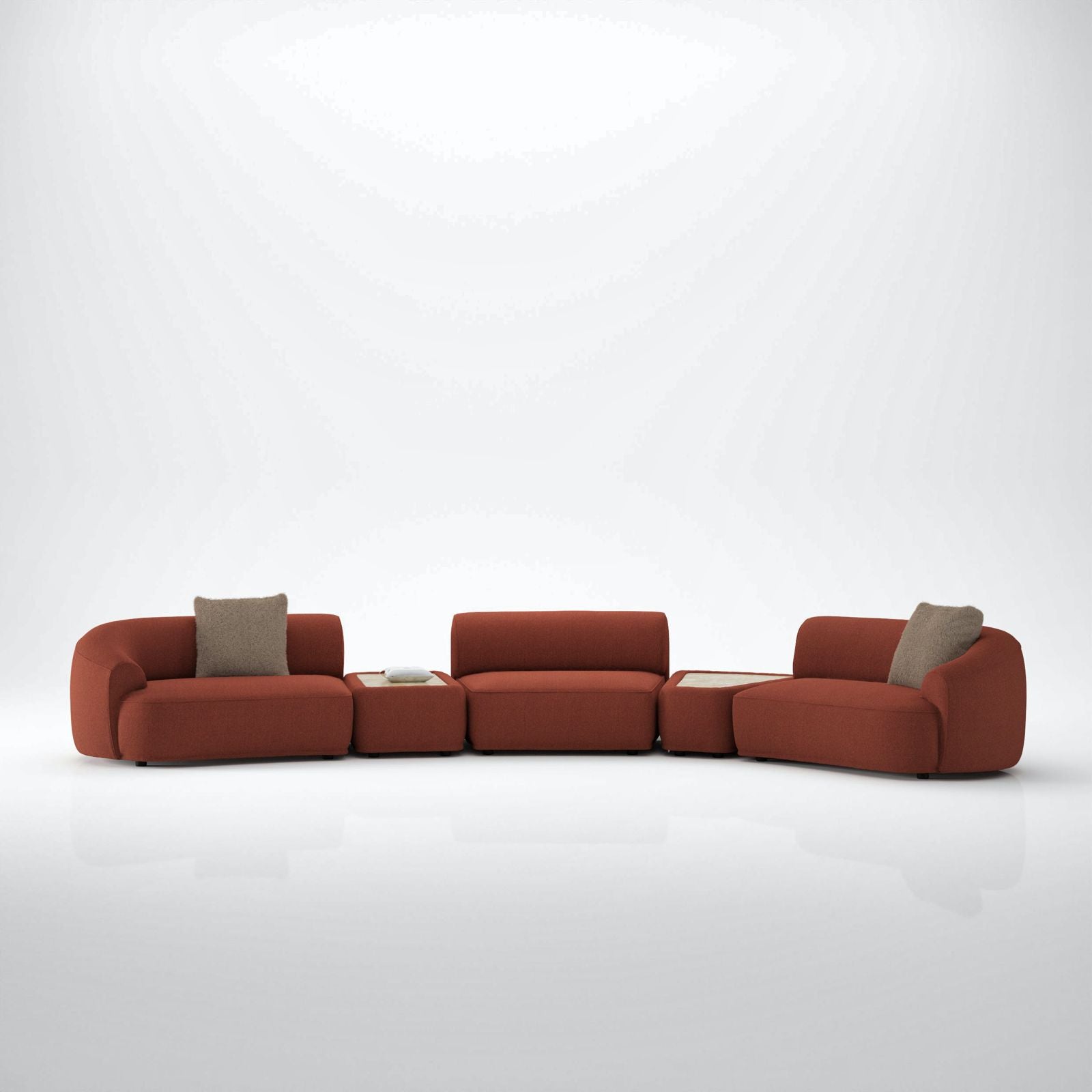 White studio view of modular terracotta sofa with wood tables.