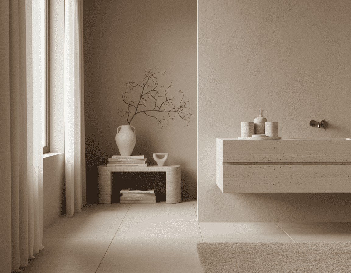 Modern bathroom with neutral tones, a sink, and decorative elements.