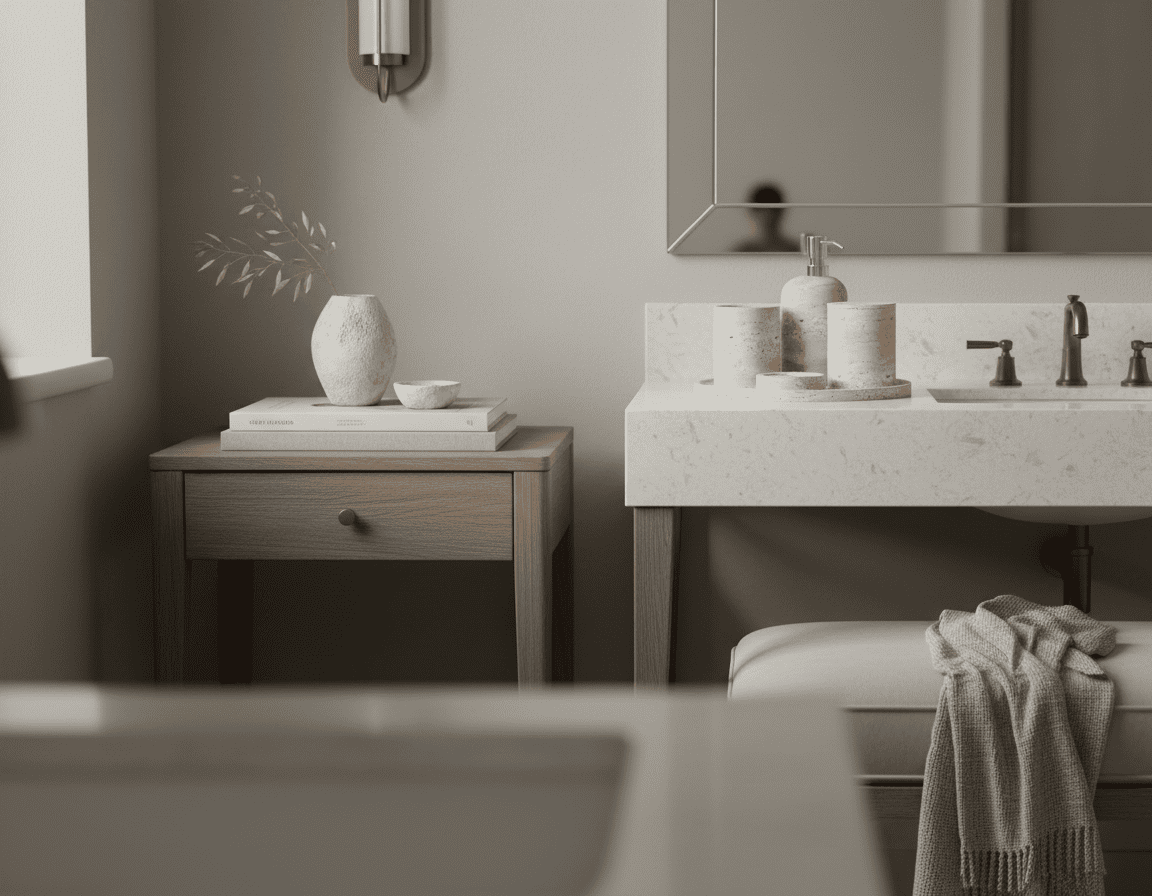 Bathroom interior with a sink, mirror, and decorative elements.