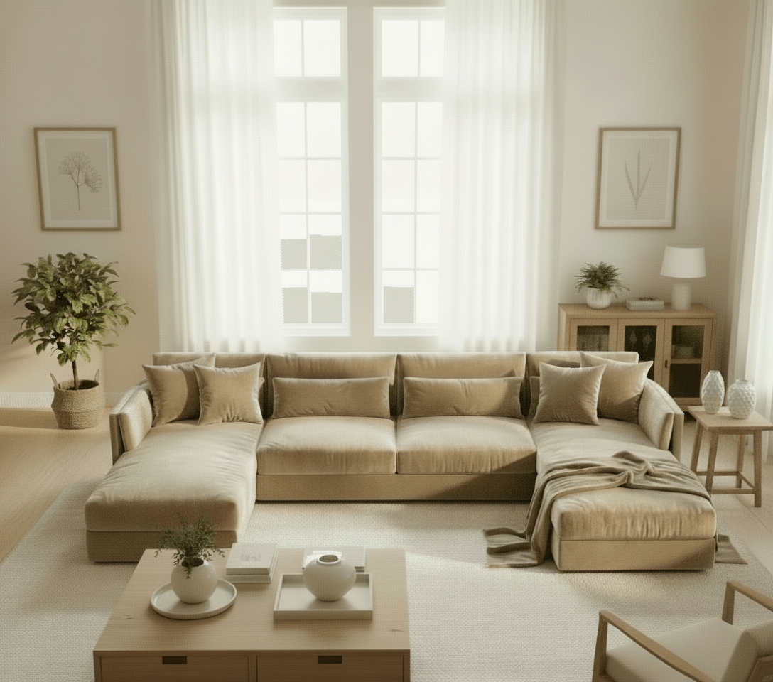 Beige sectional sofa in a bright living room with wooden coffee table and decor.