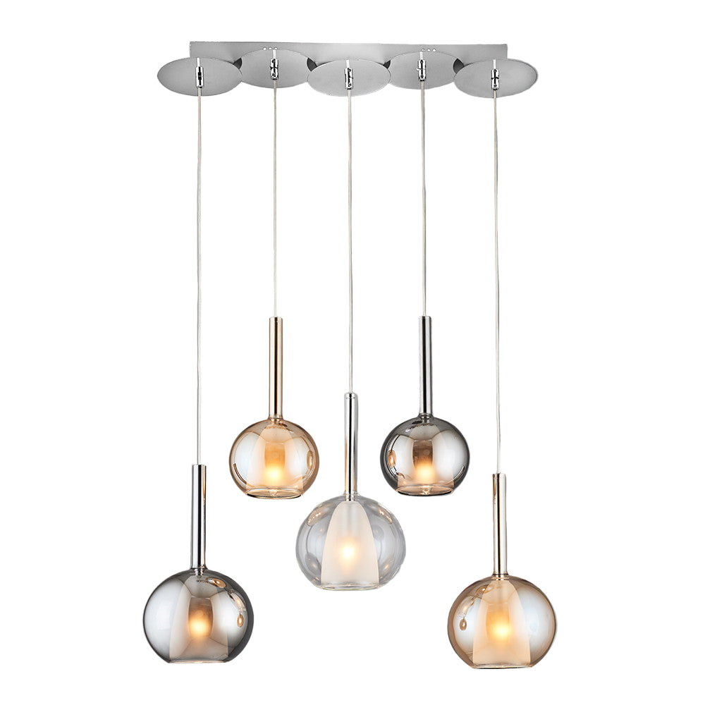 Contemporary pendant glass light fixture with five bulbs, featuring a sleek metal and glass construction with a row design.