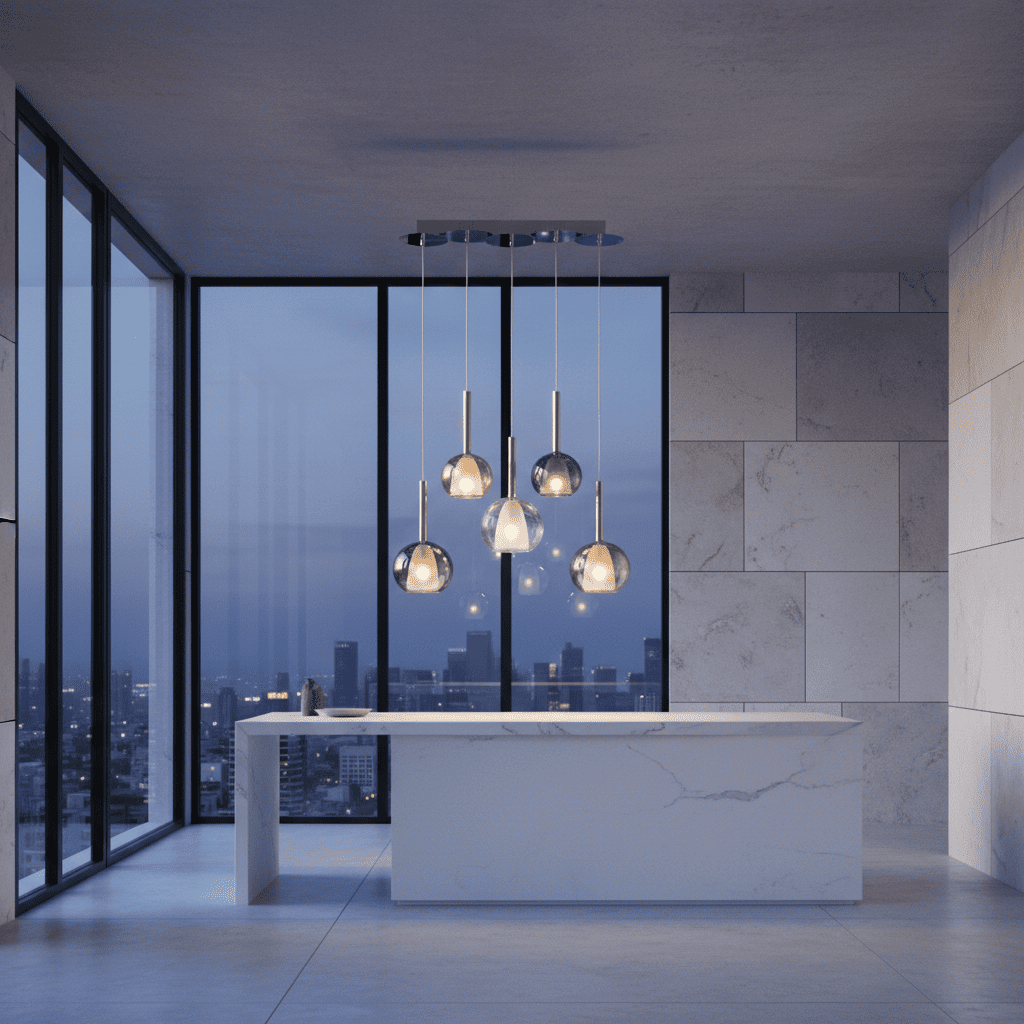 Modern kitchen interior with a chandelier and cityscape view