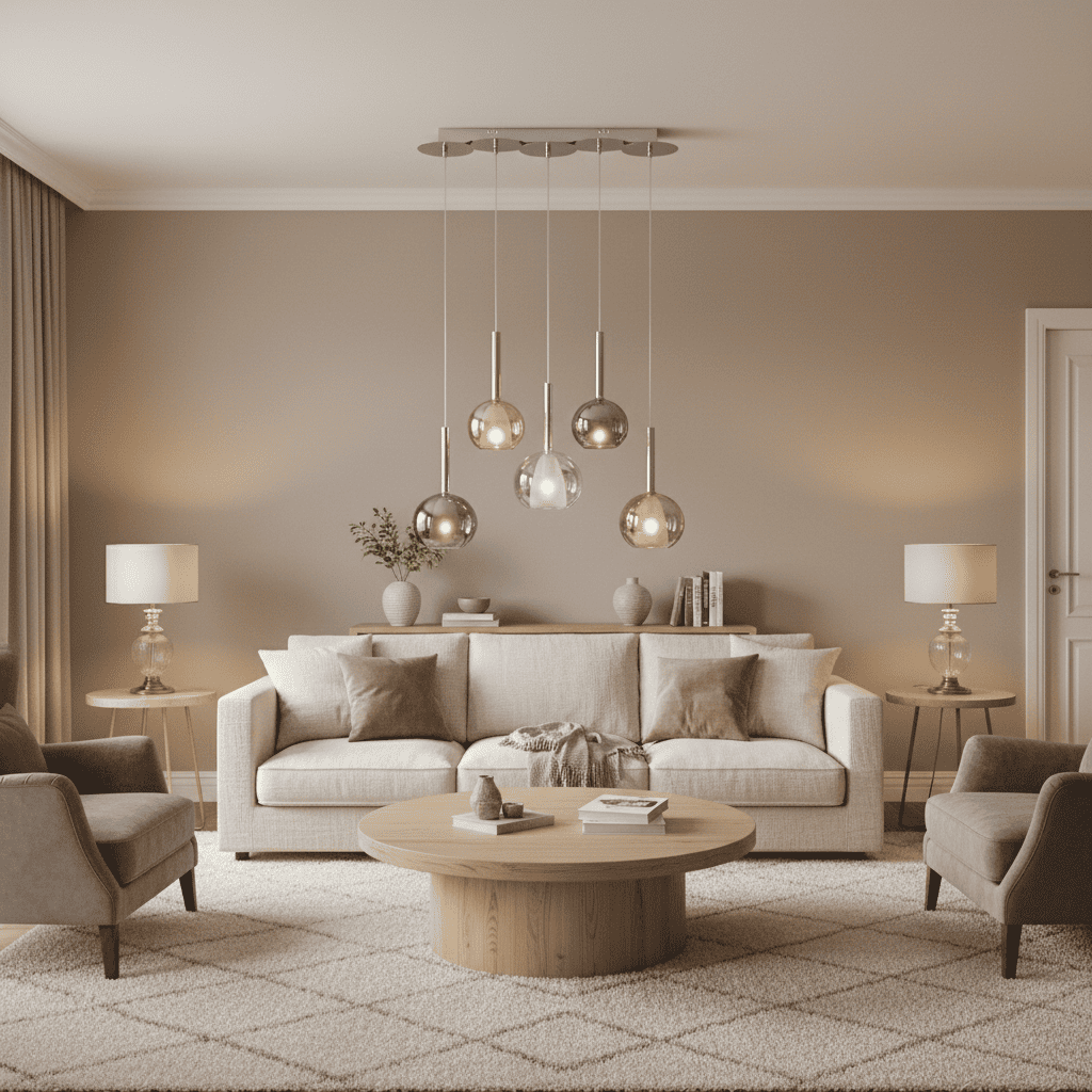 Modern living room with beige sofa, coffee table, and Vetroloom Float 5.
