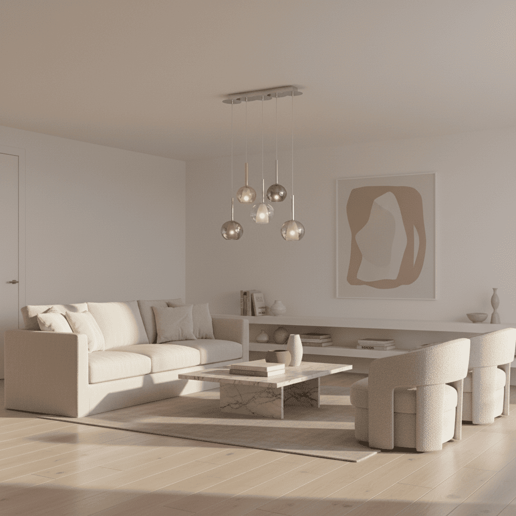 Modern living room with white furniture and Vetroloom Float 5