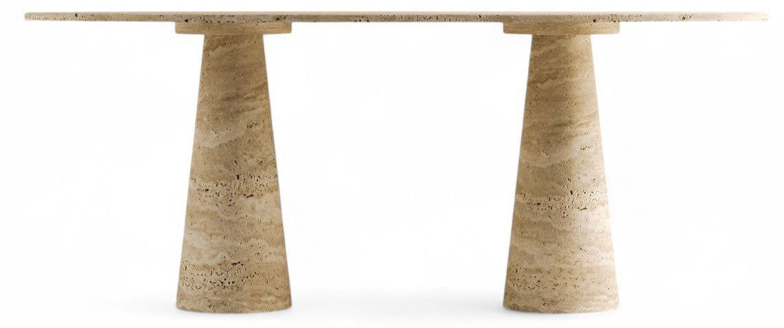 Elliptical travertine dining table with two textured cylindrical legs, front view on white background.