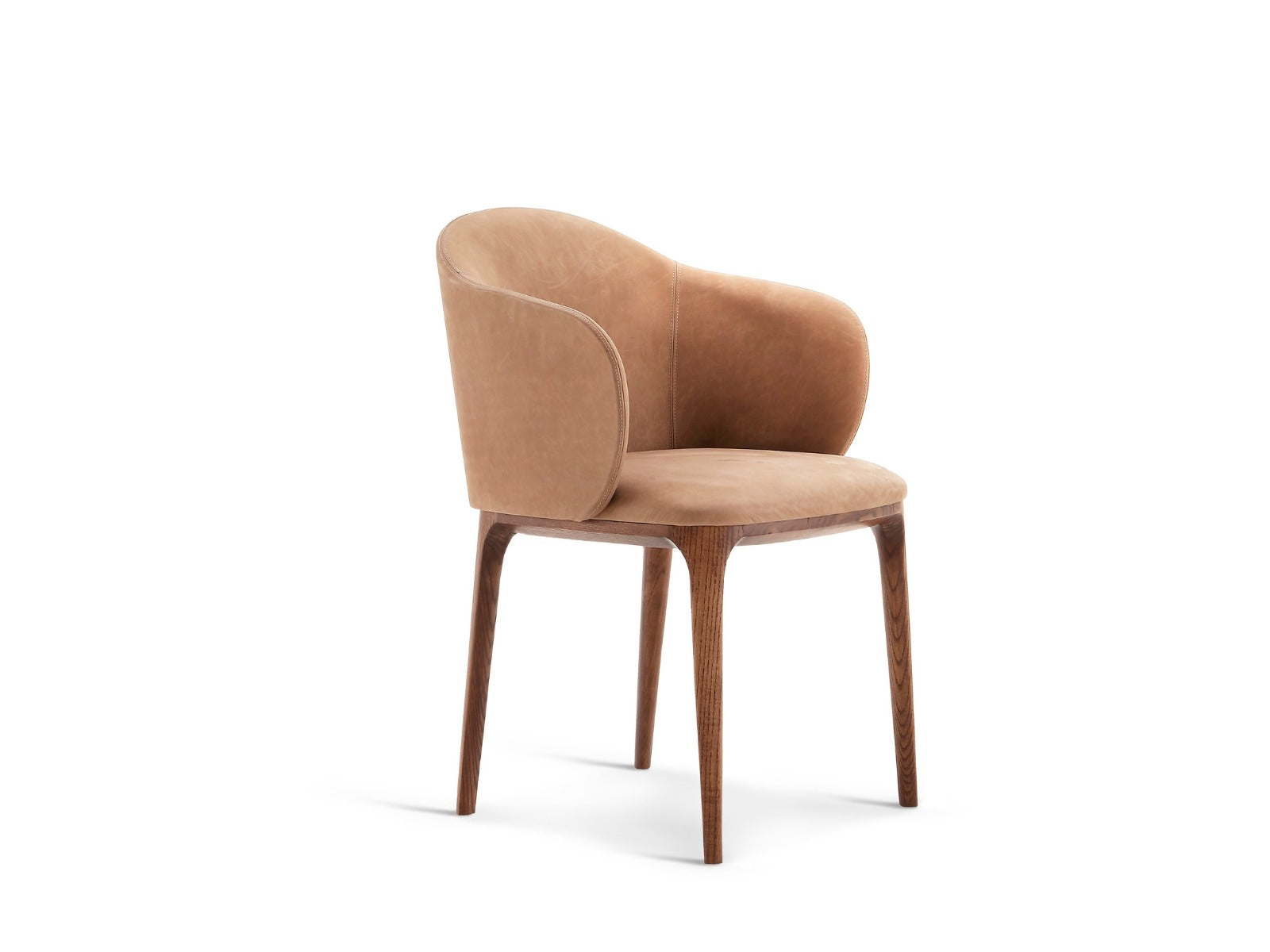 Brown leather upholstered dining chair with wooden legs on white background.