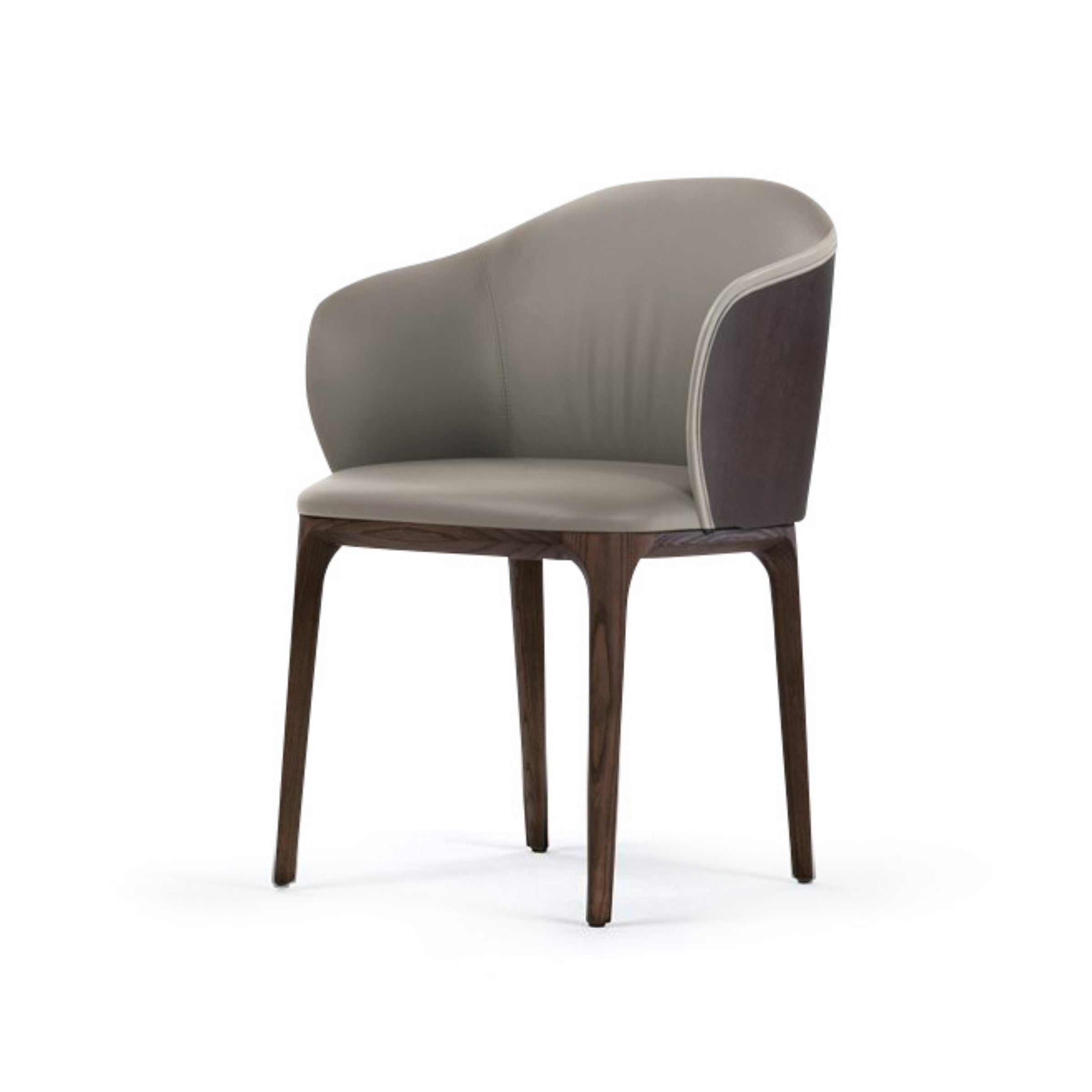 Gray leather dining chair with dark wood legs and back detail