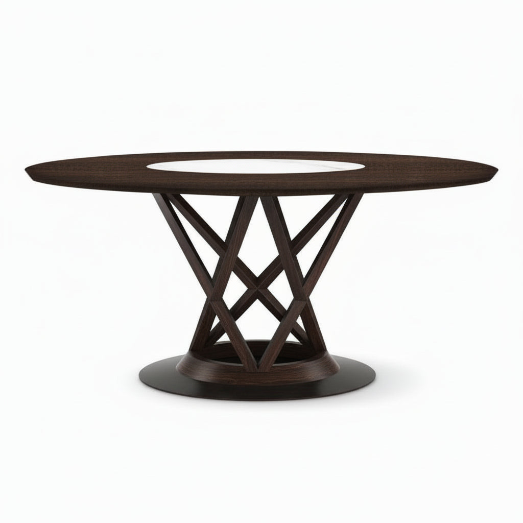 Dark wood oval table with white insert and geometric base