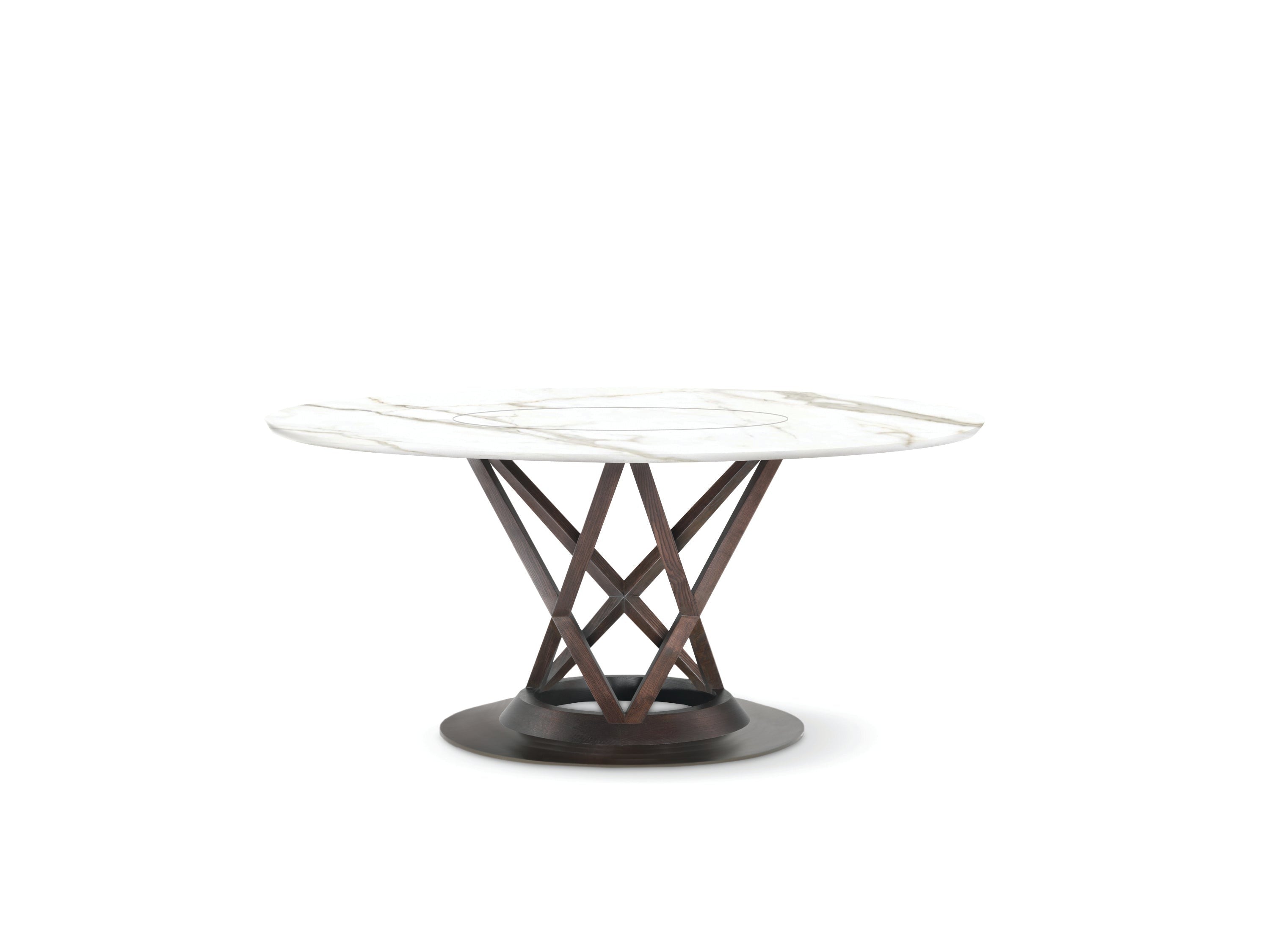 View of round marble top dining table with dark wood base.