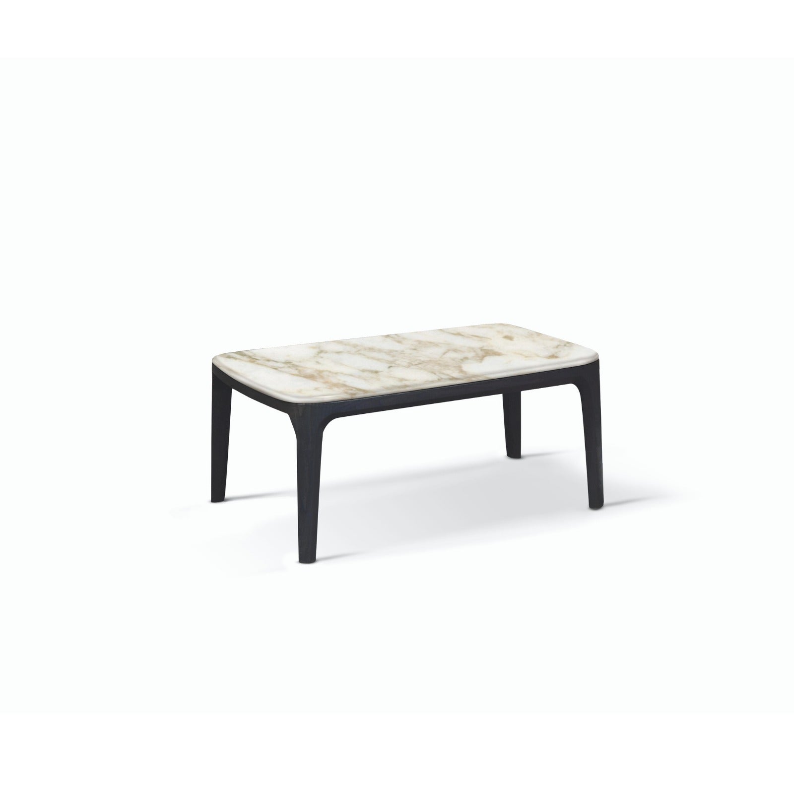 Low rectangular coffee table with marble top and dark wood base