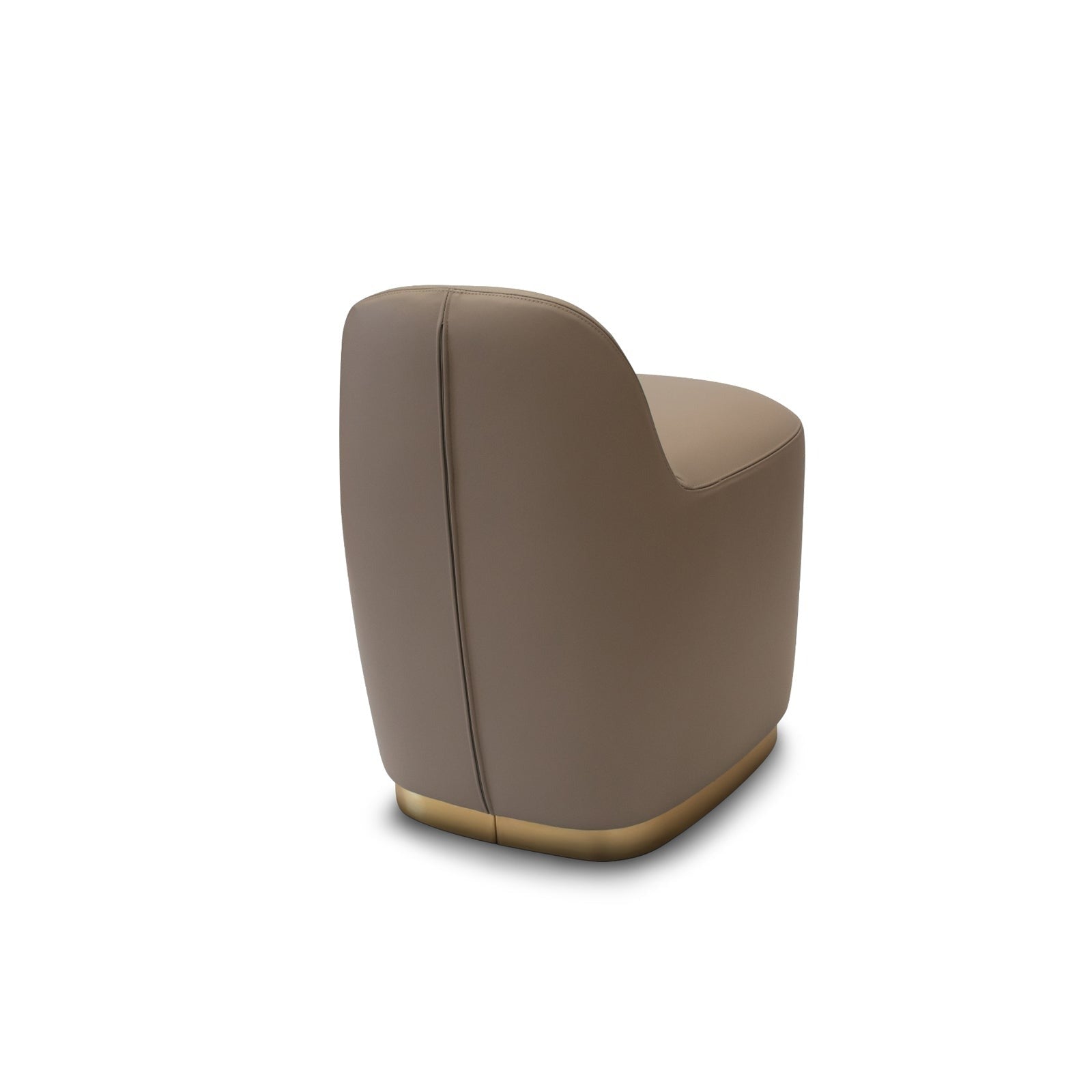 Back view of taupe leather armchair with gold base