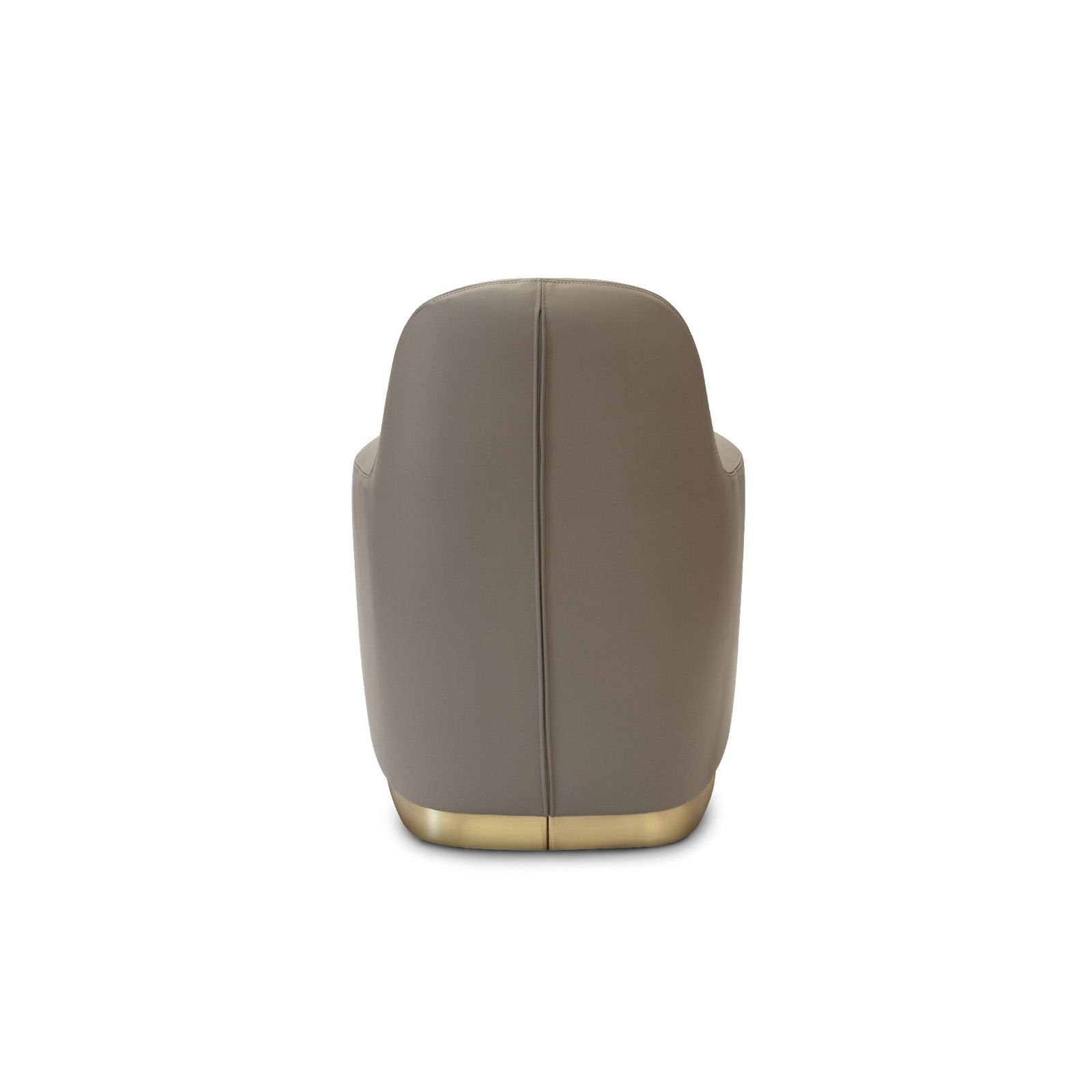 view of the back of a taupe leather armchair with a brass base, leather armchair, brass base, taupe leather, modern furniture.