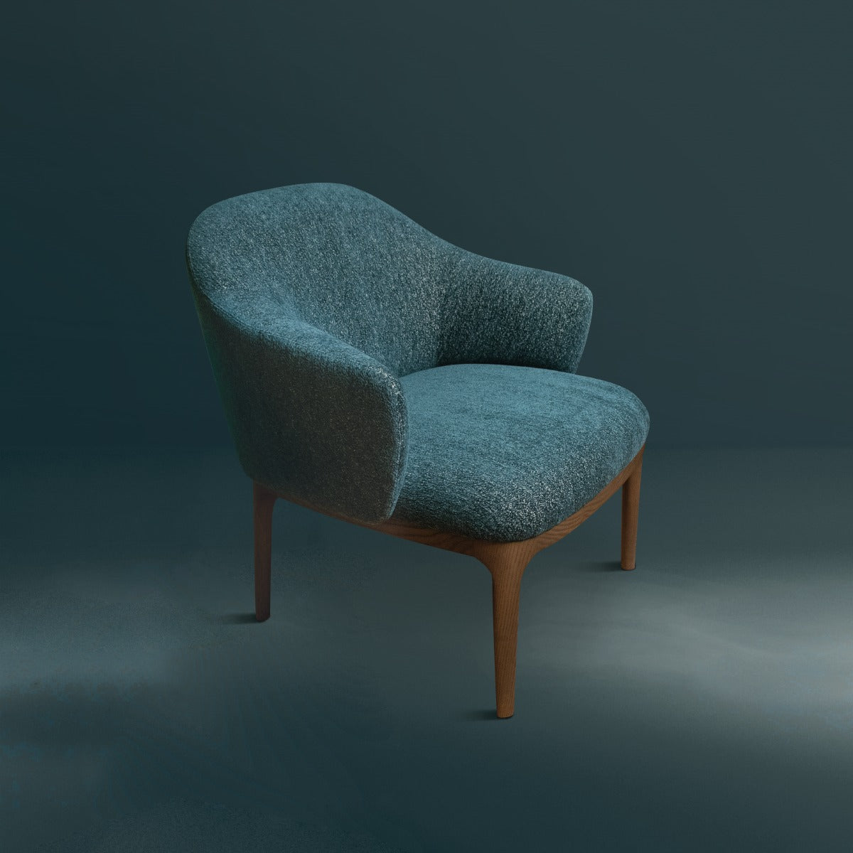 Studio shot of blue upholstered armchair with wood legs against dark background, modern furniture, accent chair.