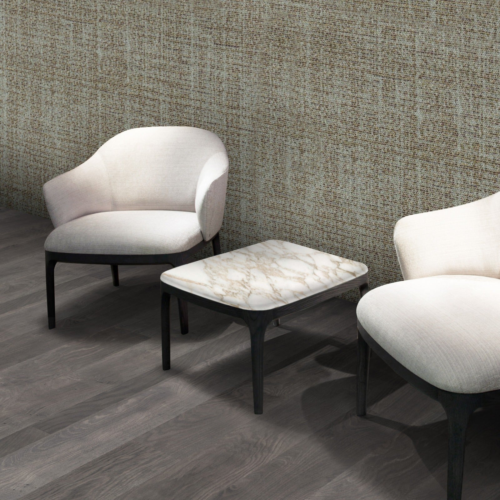 Two modern upholstered chairs and marble coffee table on wood floor.