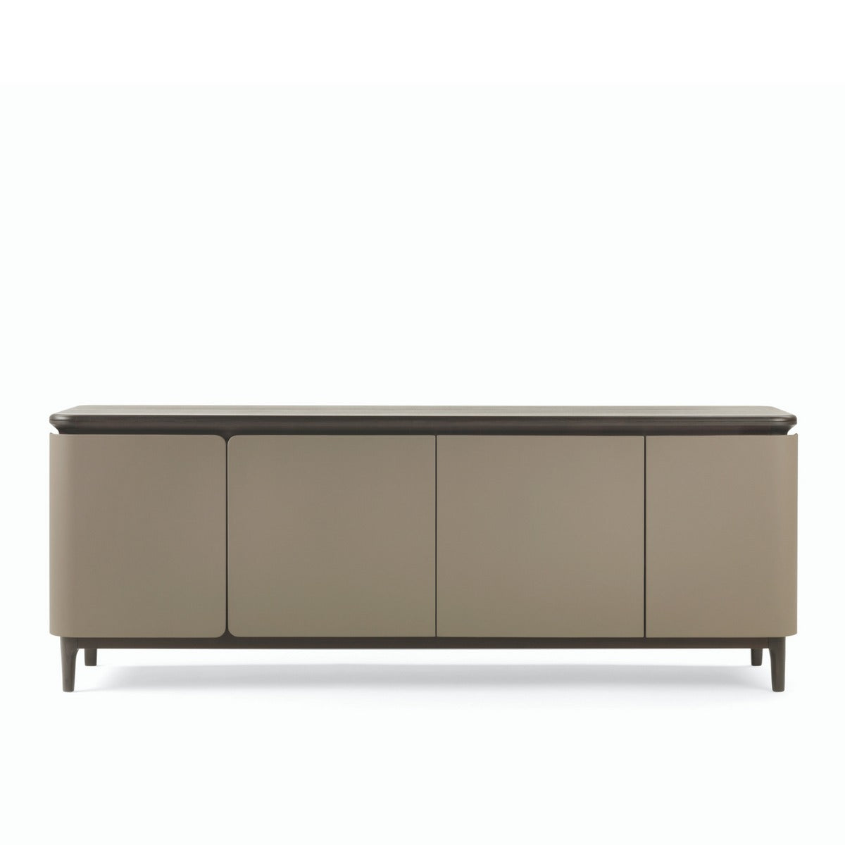 Studio shot of a modern four-door sideboard with a dark top and light brown doors on a white background.