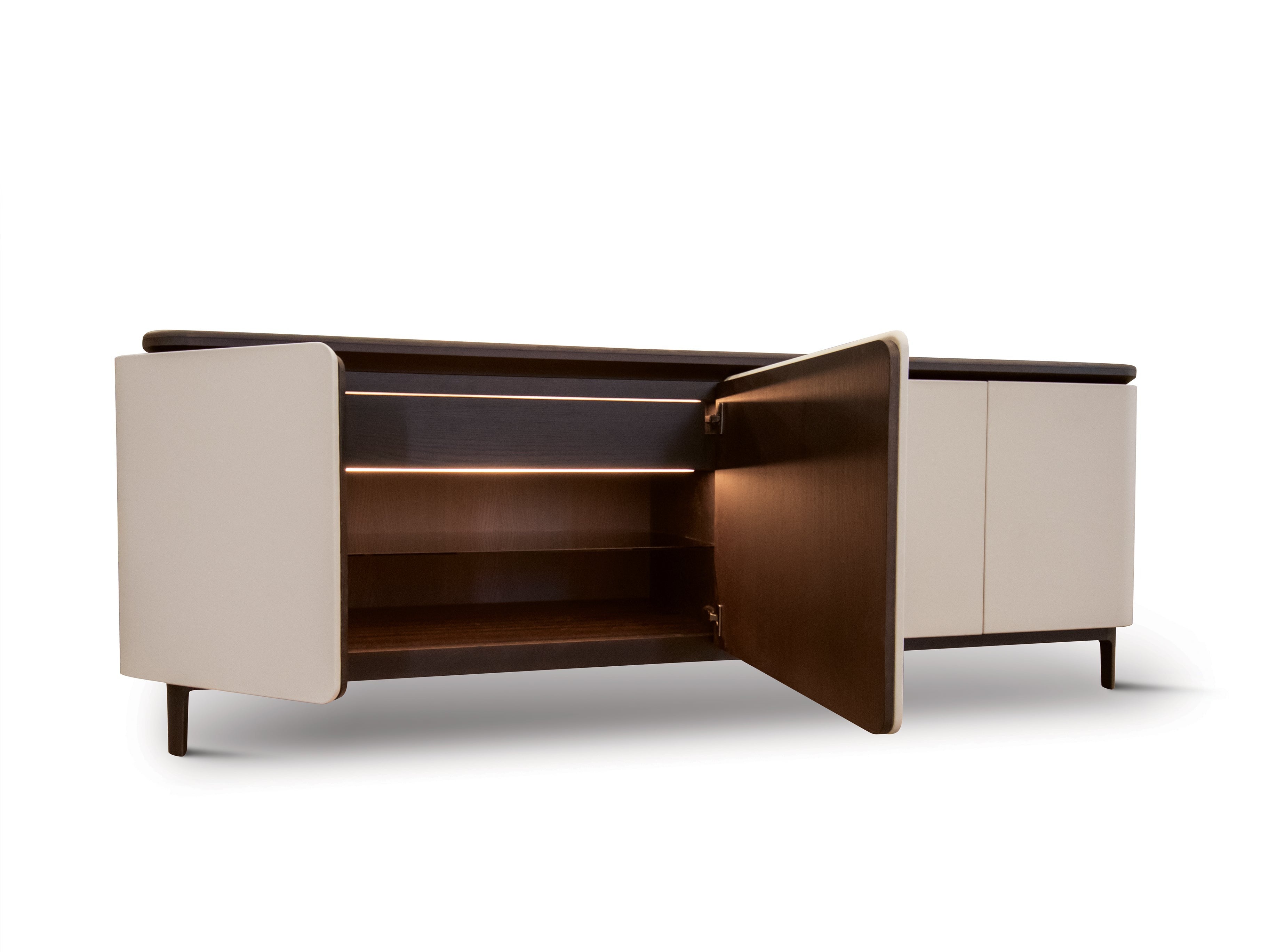 Sideboard cabinet with open door showing interior lighting and shelves