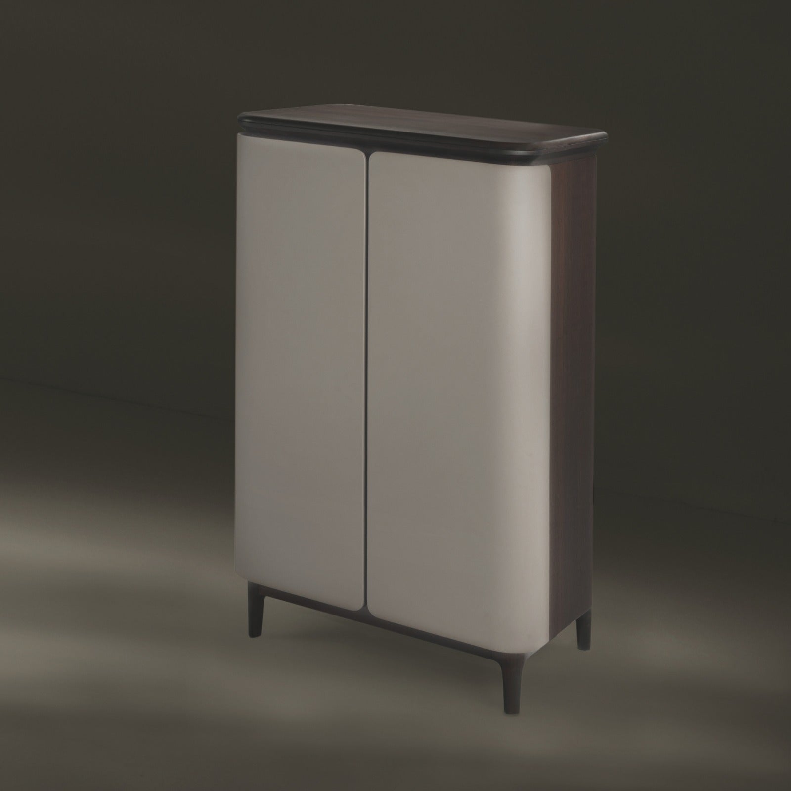 Dark wood cabinet with light gray curved double doors on legs.