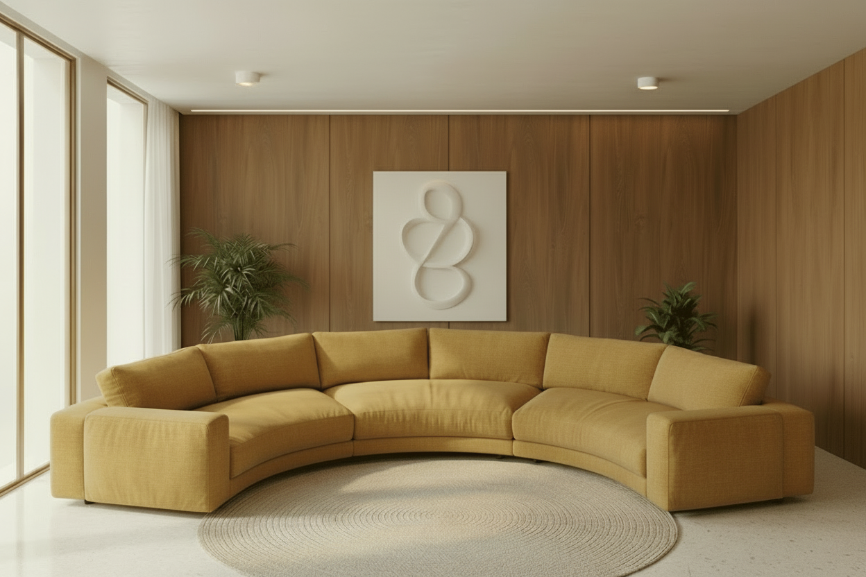 Mustard yellow sectional sofa in a modern living room with wooden walls and a decorative wall piece.