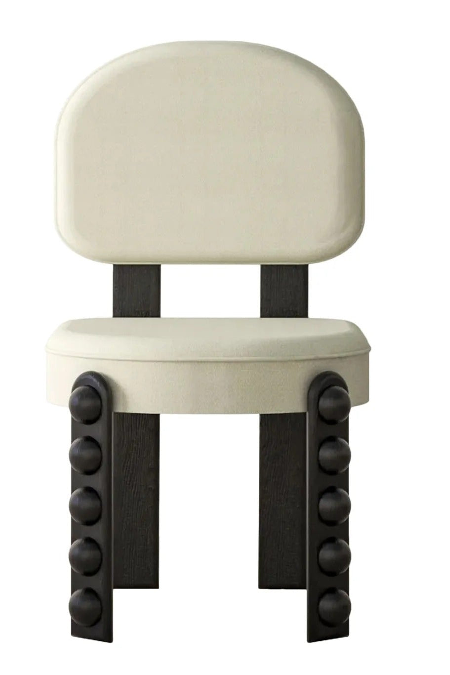 White upholstered chair with dark wooden legs and decorative spheres