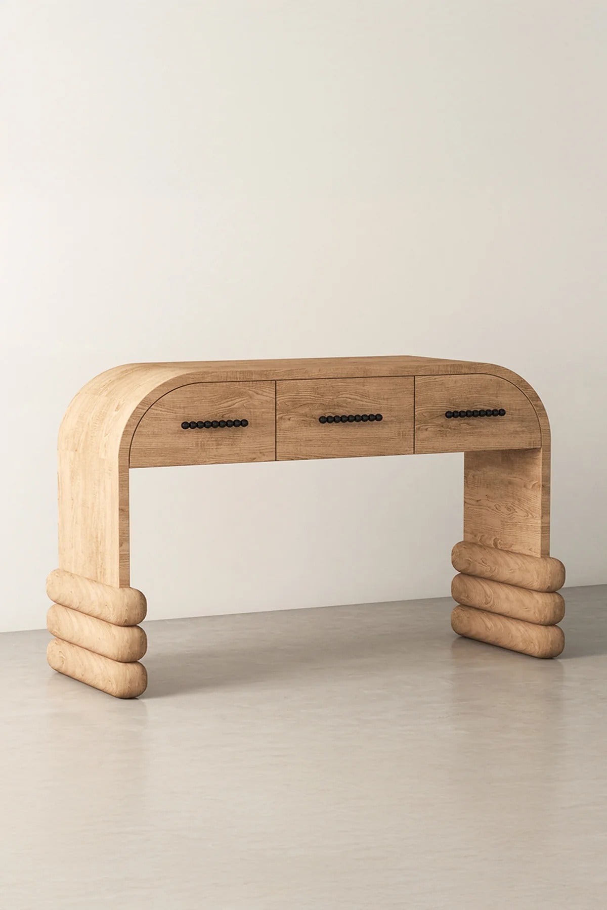 Wood console table with three drawers and rounded legs